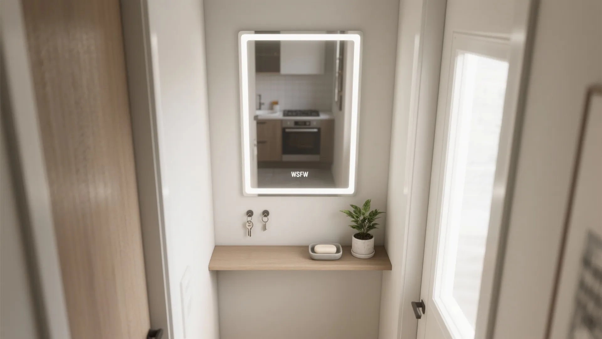 Modern lighted wall mirror above a wooden shelf with a small plant and house keys
