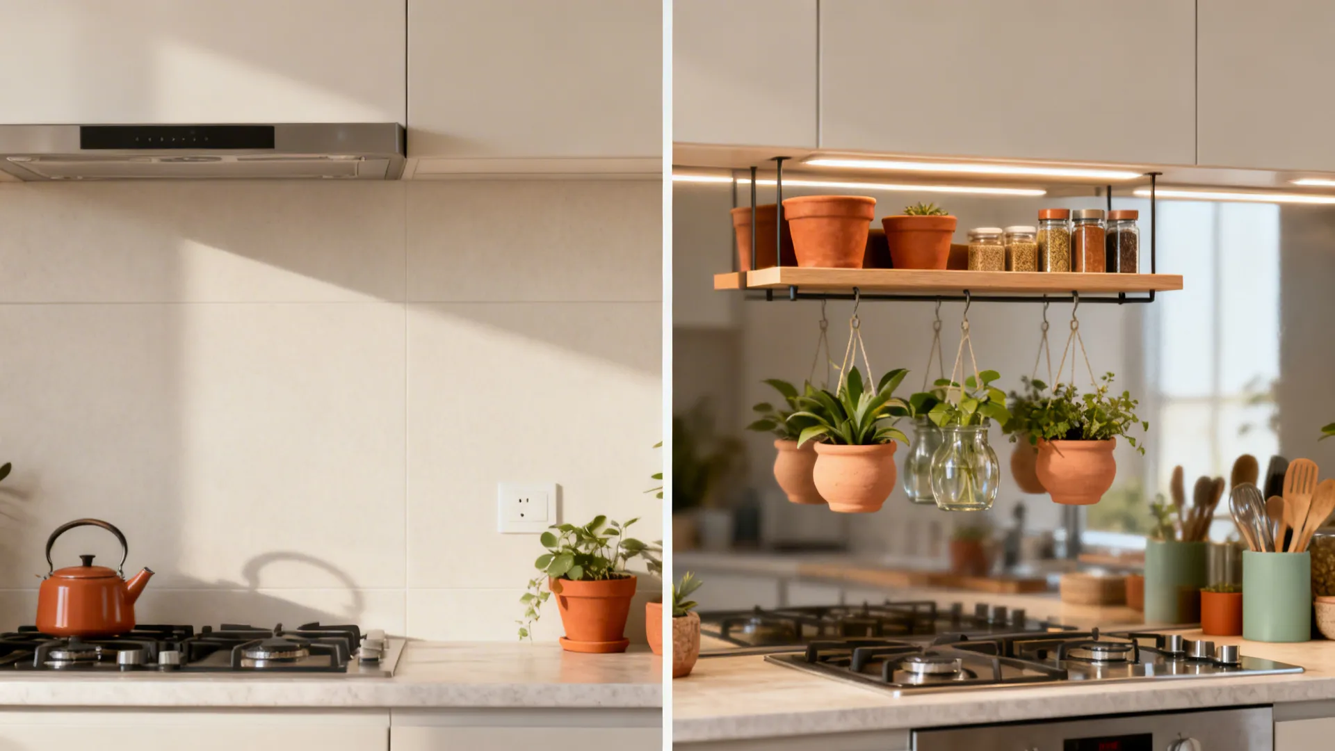 Before-and-after of a compact kitchen wall transformed with a floating shelf and hanging clay and glass planters.