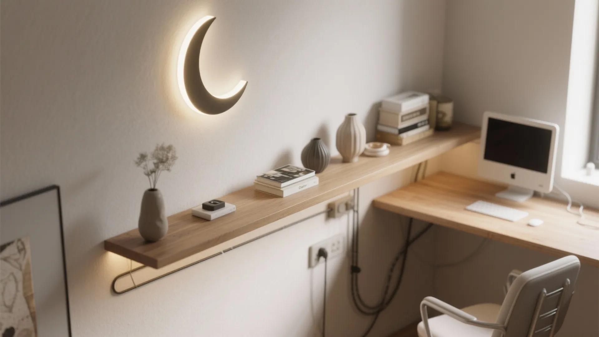 Modern home office area with wooden floating shelf moon wall light white desk and computer