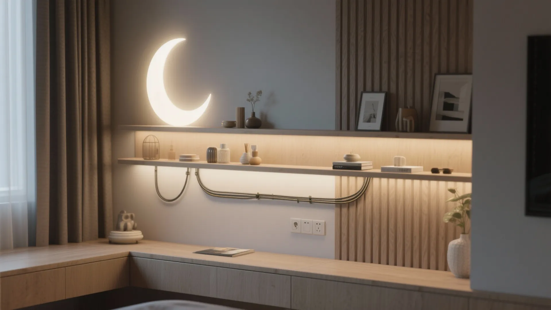 Thin integrated shelf with a built-in crescent moon light and concealed cable raceway in a compact apartment vignette.