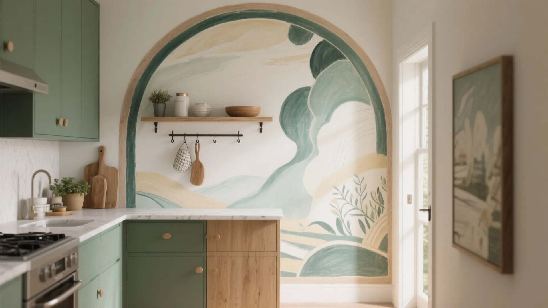 Painted arch mural integrated with a floating shelf and hooks above a counter, matching cabinetry colors.