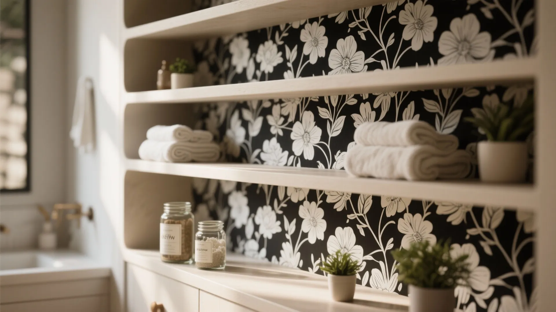 Wooden wall shelves with floral background holding white towels small green plants and glass jars