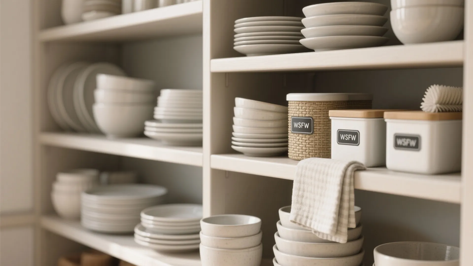 Organized kitchen shelves with stacked white ceramic bowls plates and labeled storage jars in pantry