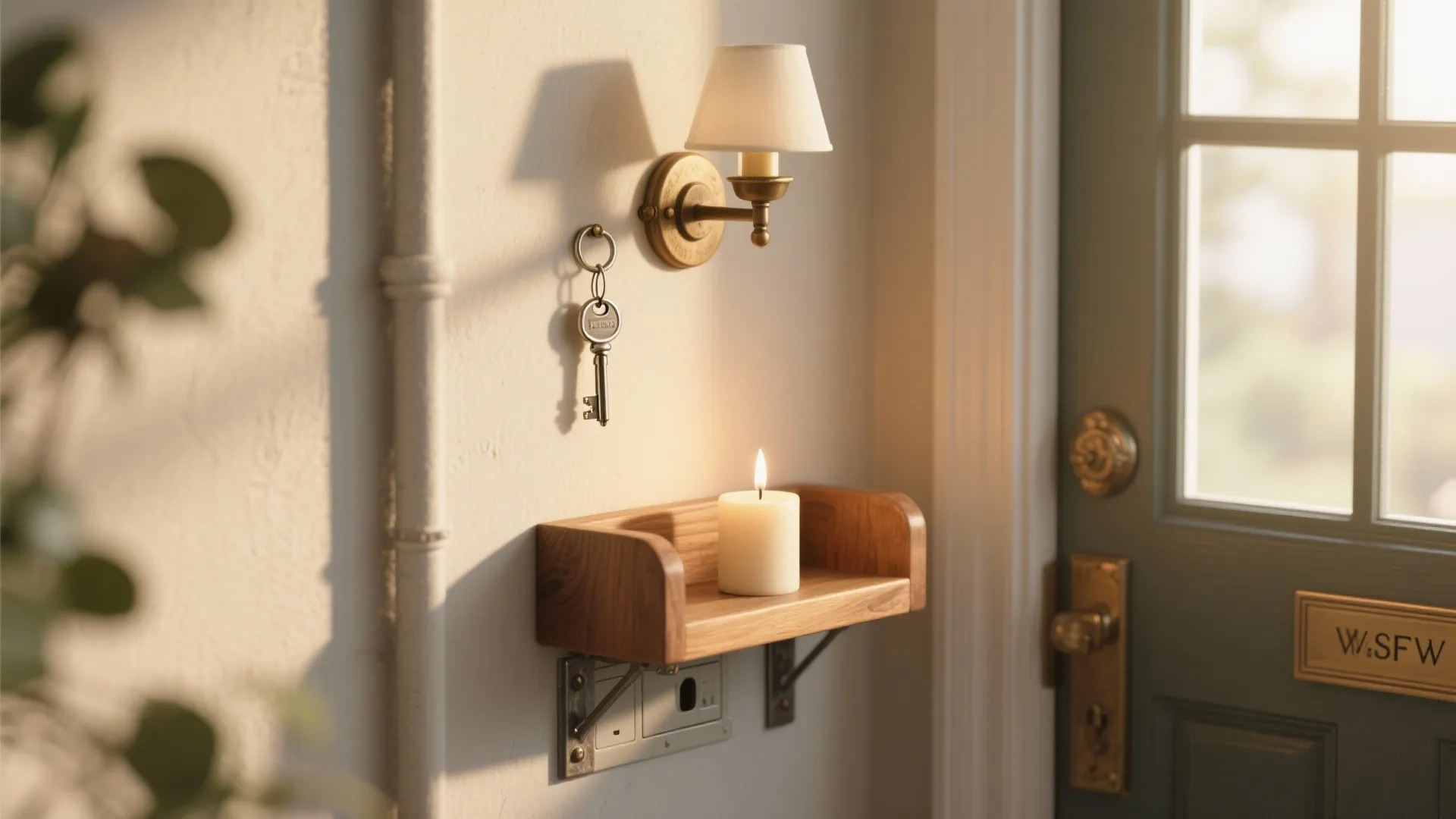 Small wooden wall shelf with a white candle and wall light near a green door