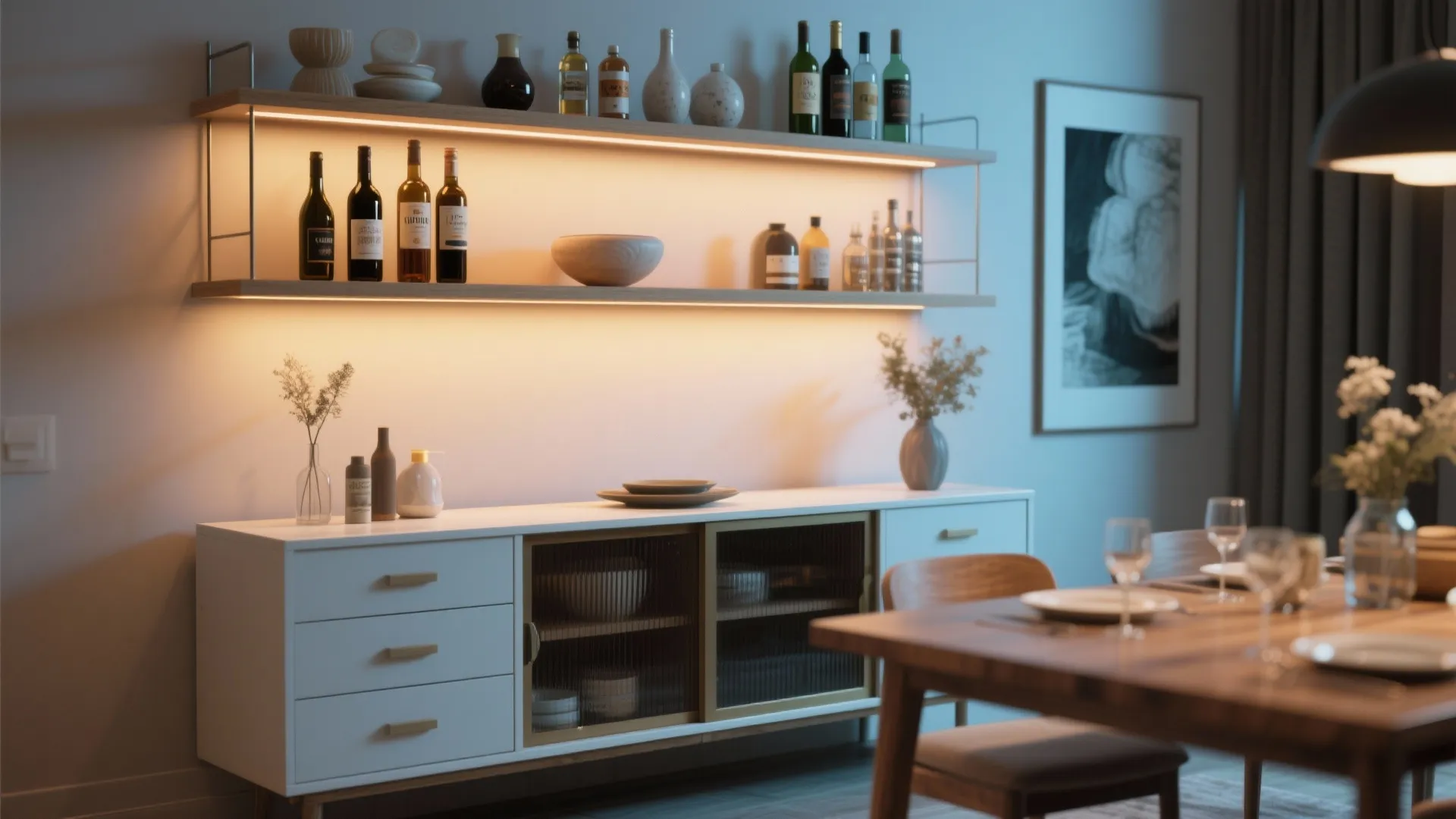 Sideboard with shelves above for bar storage