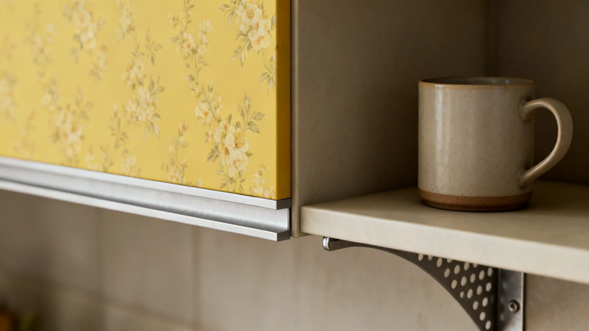 Open Shelving with Floral Yellow Back Panels