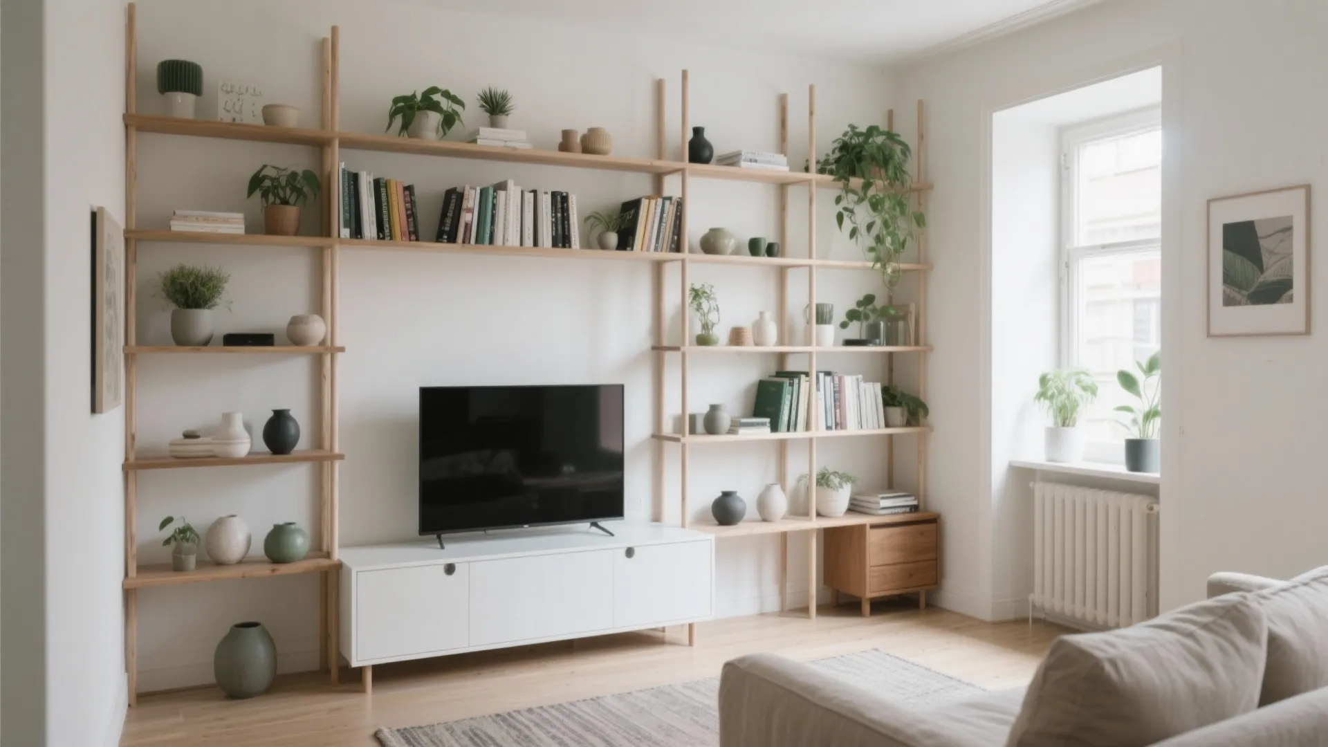 Modern white living room with wooden shelving unit, television cabinet, green plants, and natural light