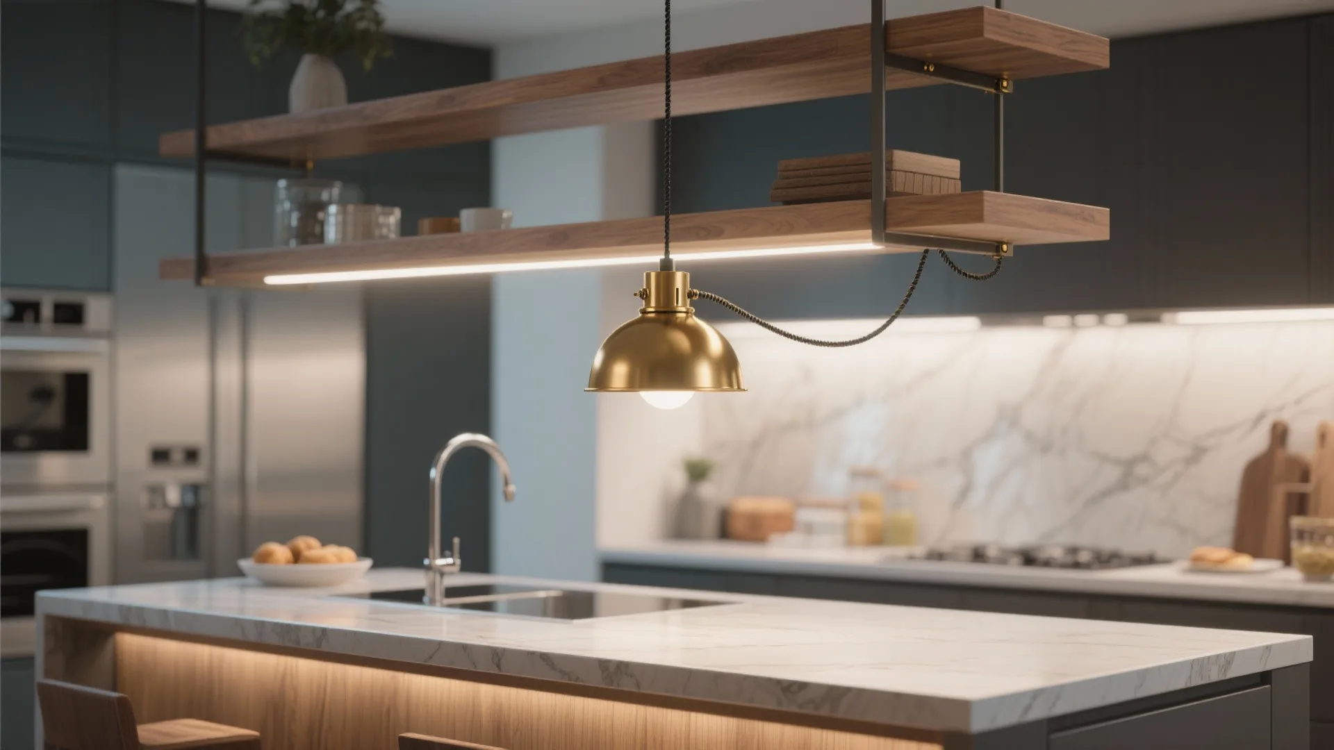 4. Pendant-style task lights from shelves