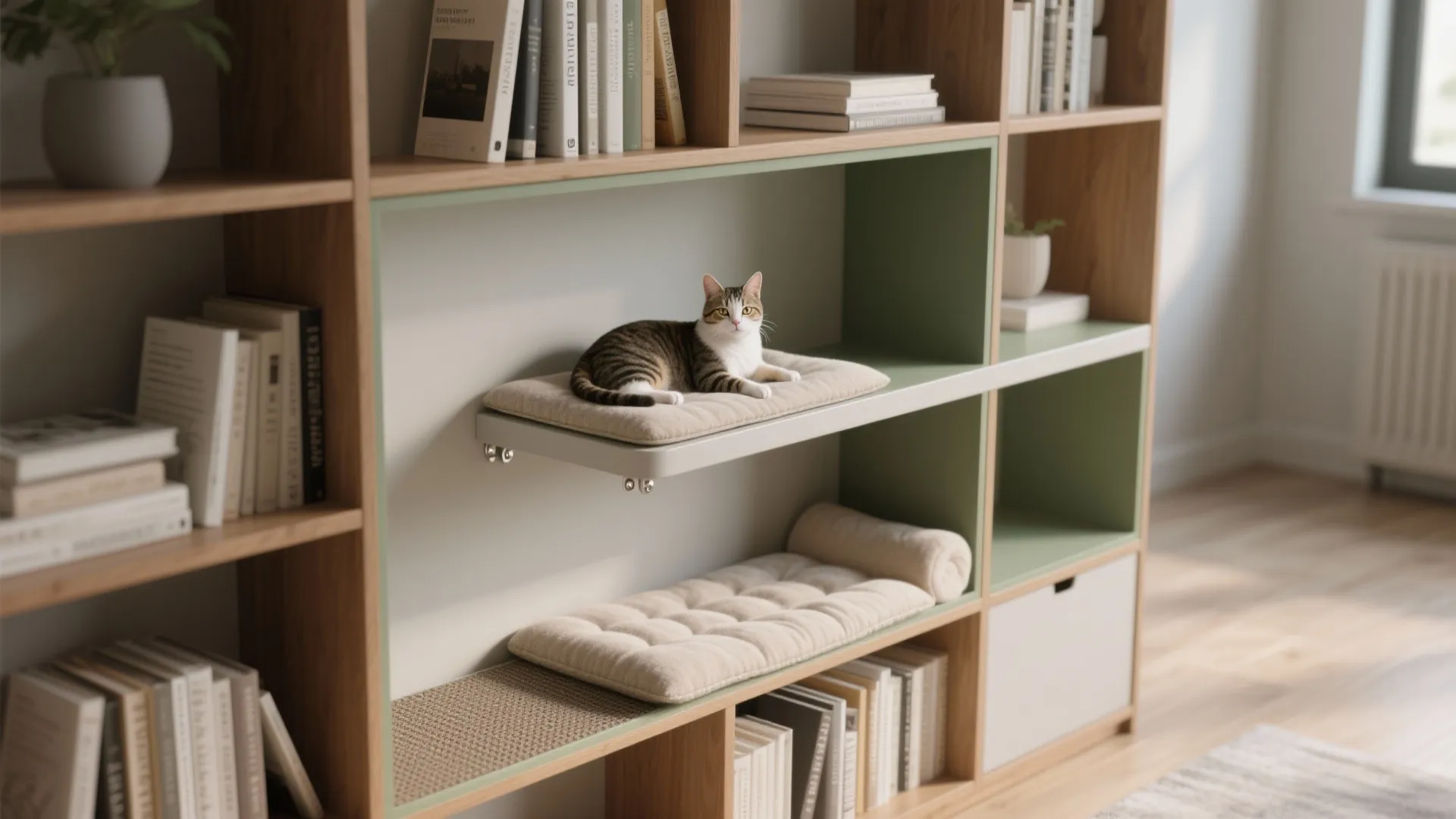 A bookshelf with an integrated plush cat bed and ledge, showing removable pads and non-slip details in a modern apartment.