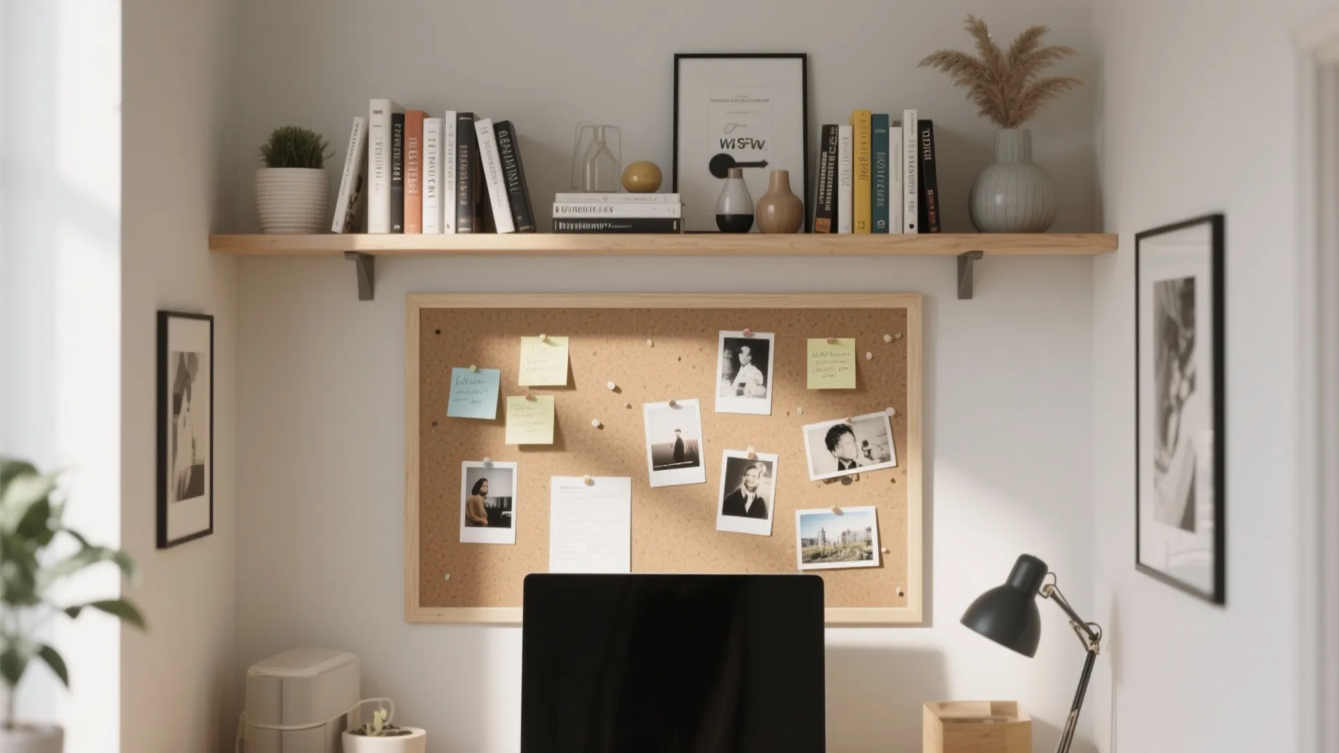 Workspace with a cork board for photos and a wooden shelf holding books and plants