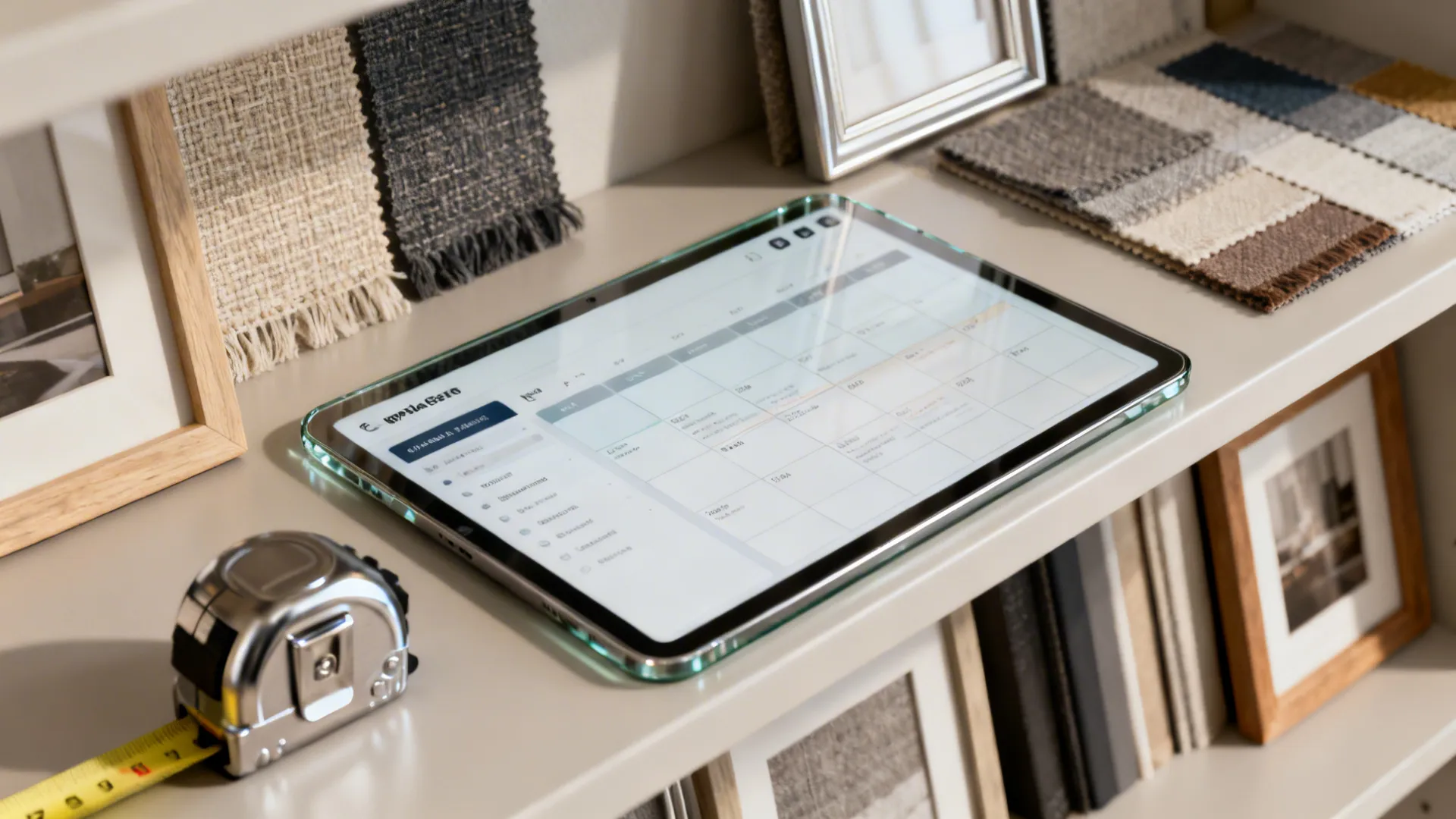Close-up of a tablet with a room planner mockup, tape measure, and material swatches for shelf styling.