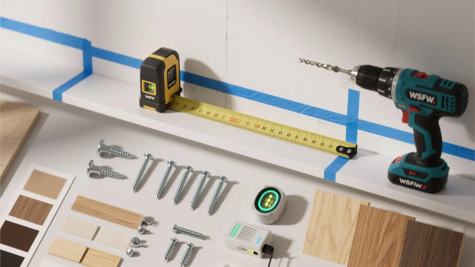 Top-down flat lay of tools, anchors, mockups, and tape for planning wall shelves.