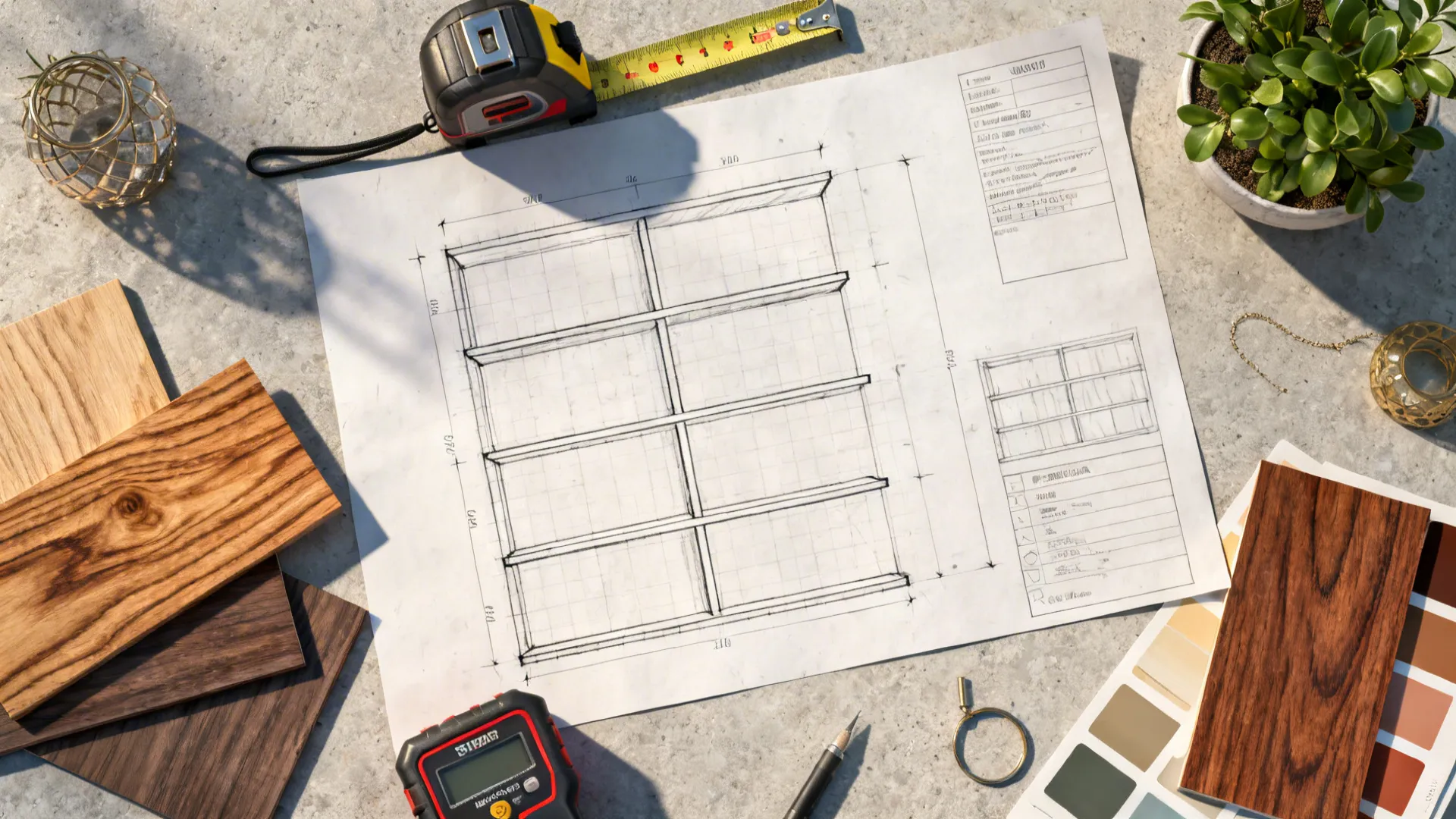 Detailed shelf design drawing surrounded by wood samples, measuring tape, and a colorful paint palette