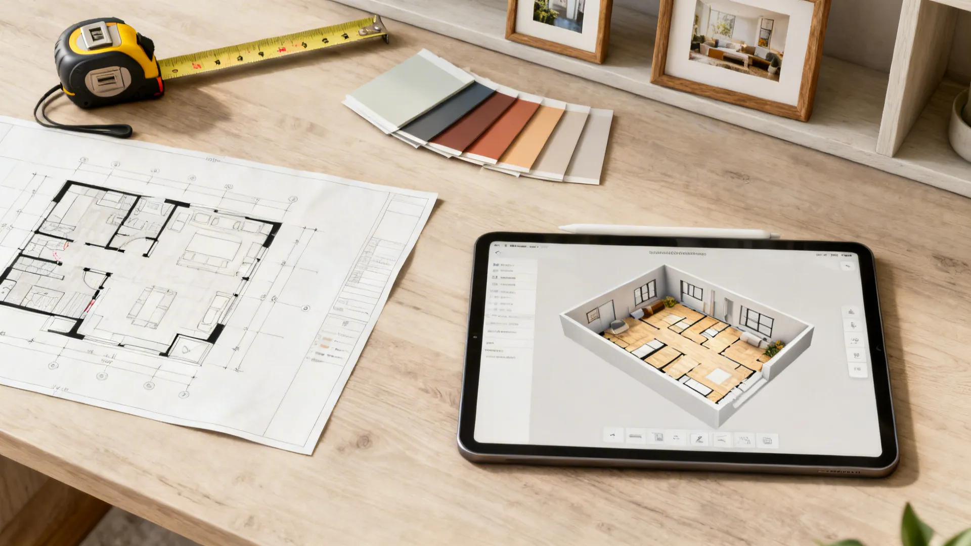 Wooden desk with paper floor plan tablet showing 3D room design color samples and tape