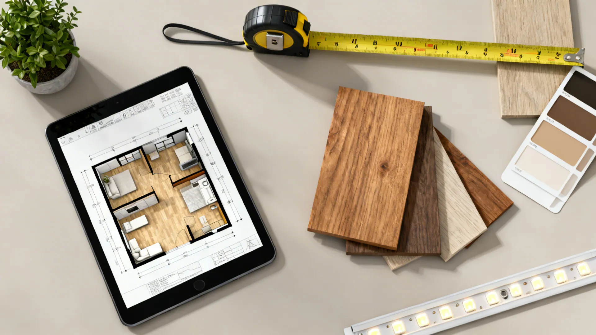 Flatlay of 3D planner tablet, tape measure, wood swatches and LED sample