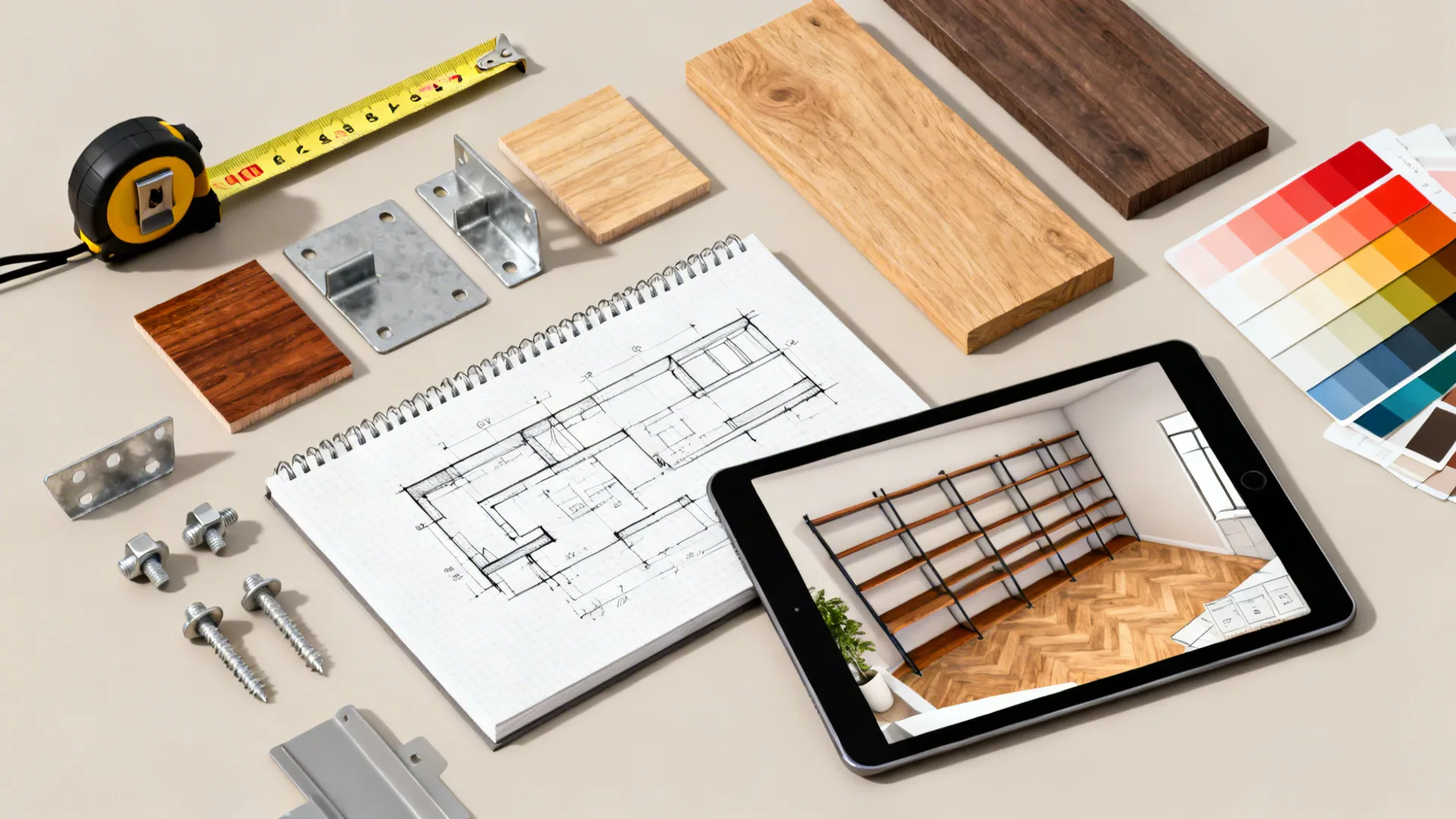 Flatlay of shelf planning tools: tape measure, wood samples, anchors and a tablet with a 3D planner.