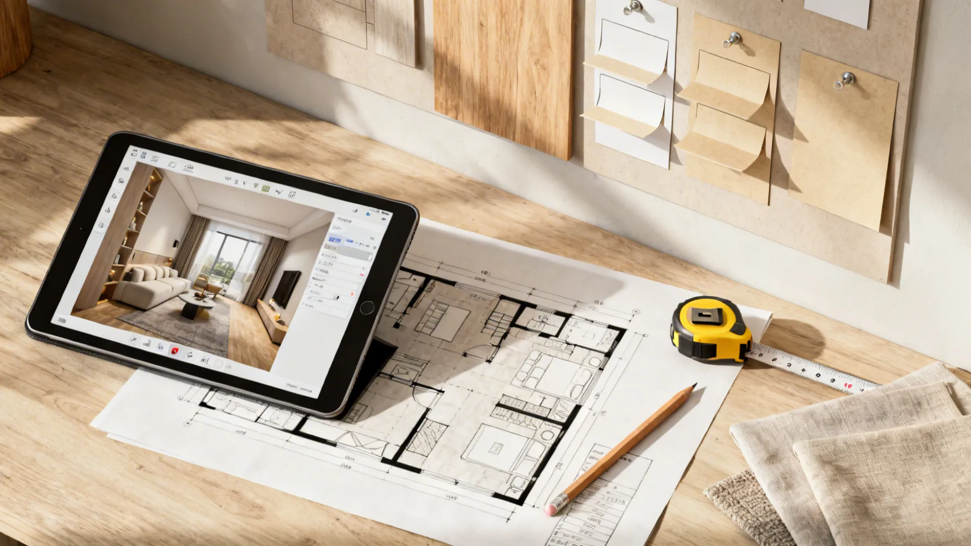 Top-down view of a room planning setup with a tablet showing a 3D shelf layout and paper templates