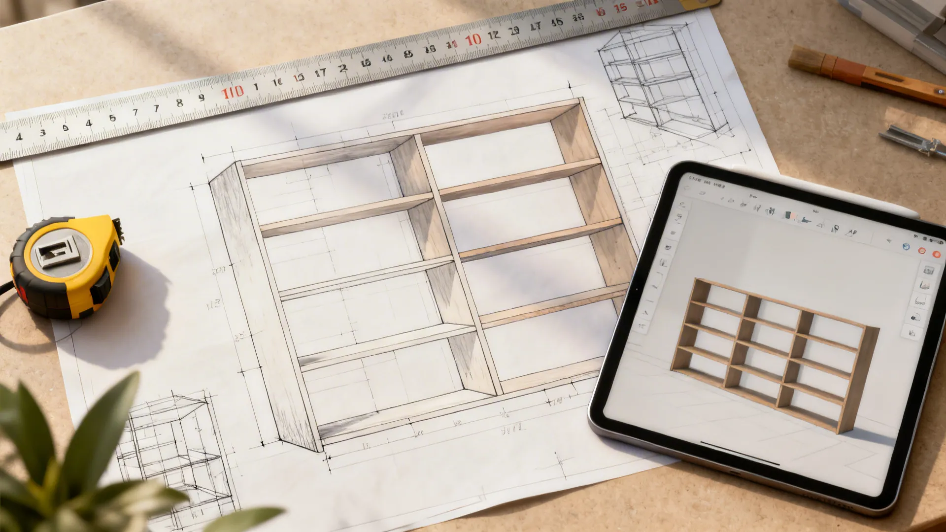 Interior design drawing of wooden shelf next to tablet showing 3D model on work desk