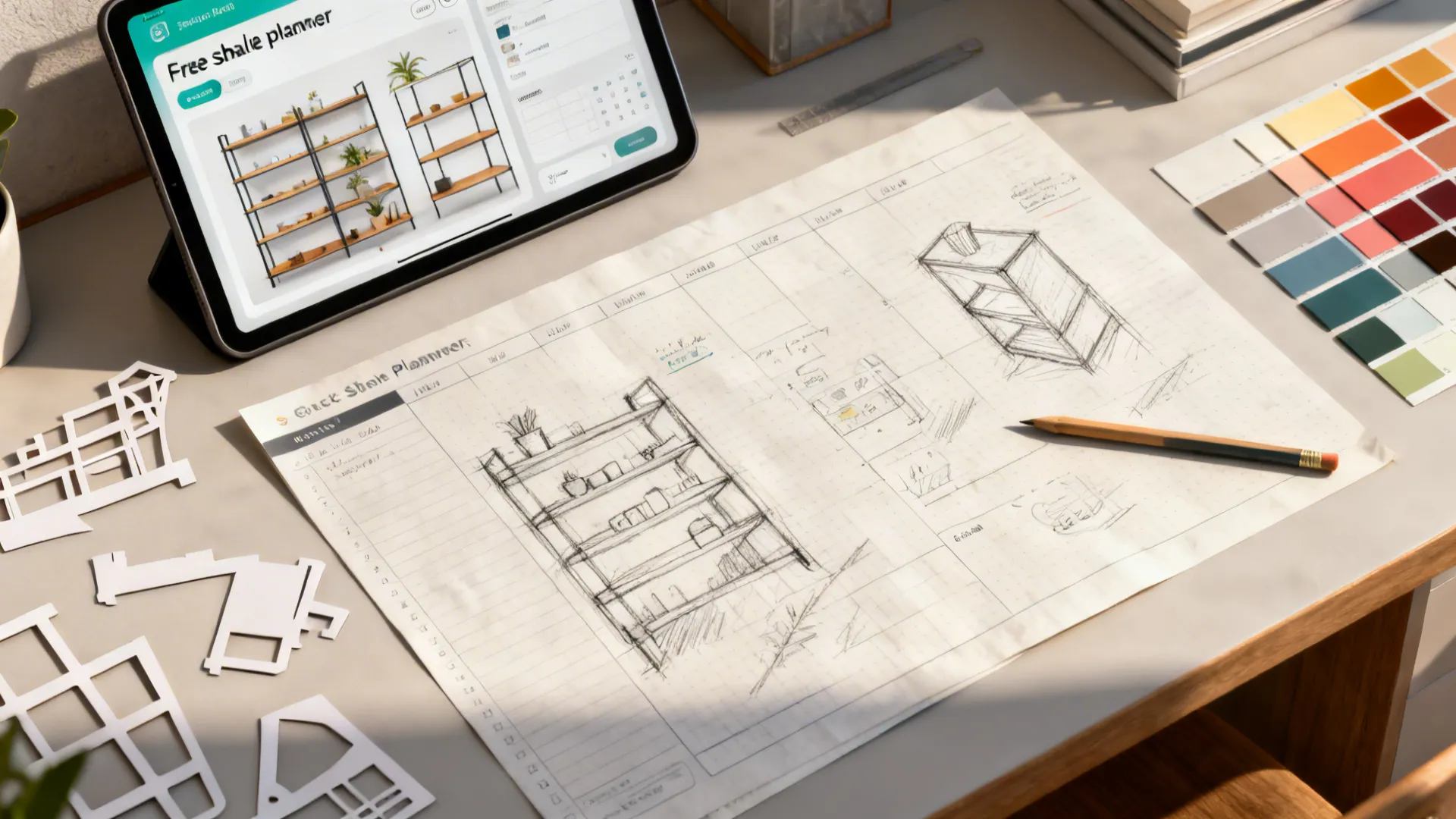 Top-down view of shelf layout sketches and a tablet showing a planner app for scale testing.