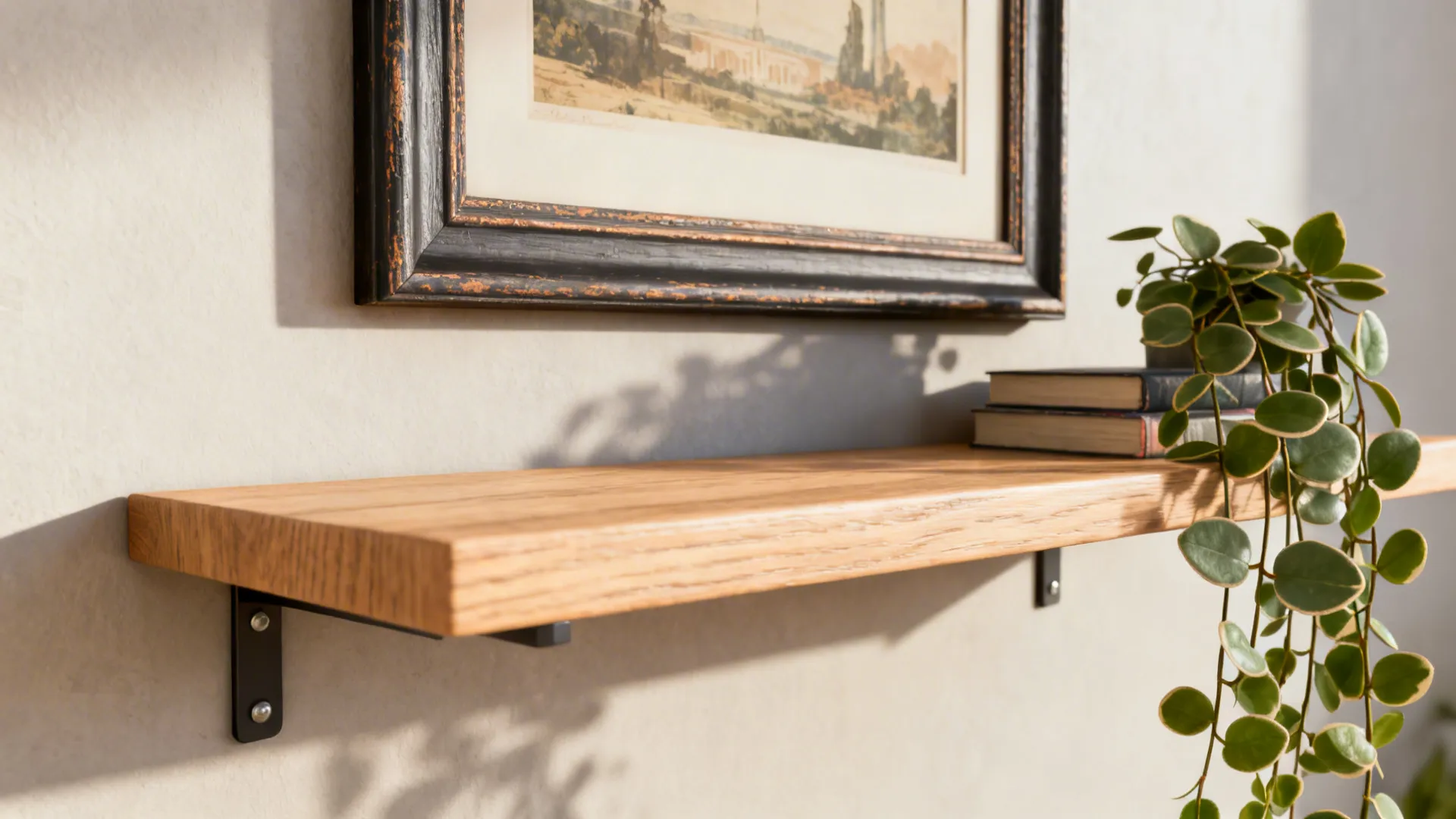 Framed print above a light floating shelf with a trailing plant and books, showing a functional layered vignette.