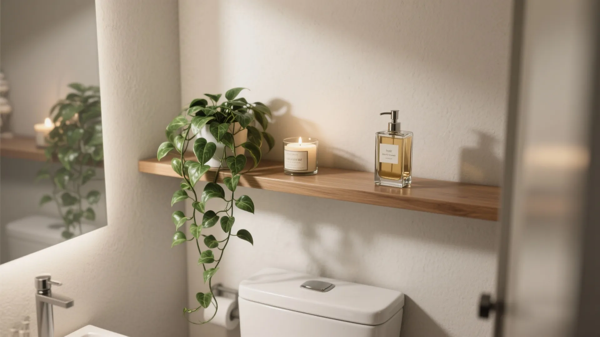 Bathroom wooden floating shelf holding a green plant, scented candle, and glass soap dispenser bottle