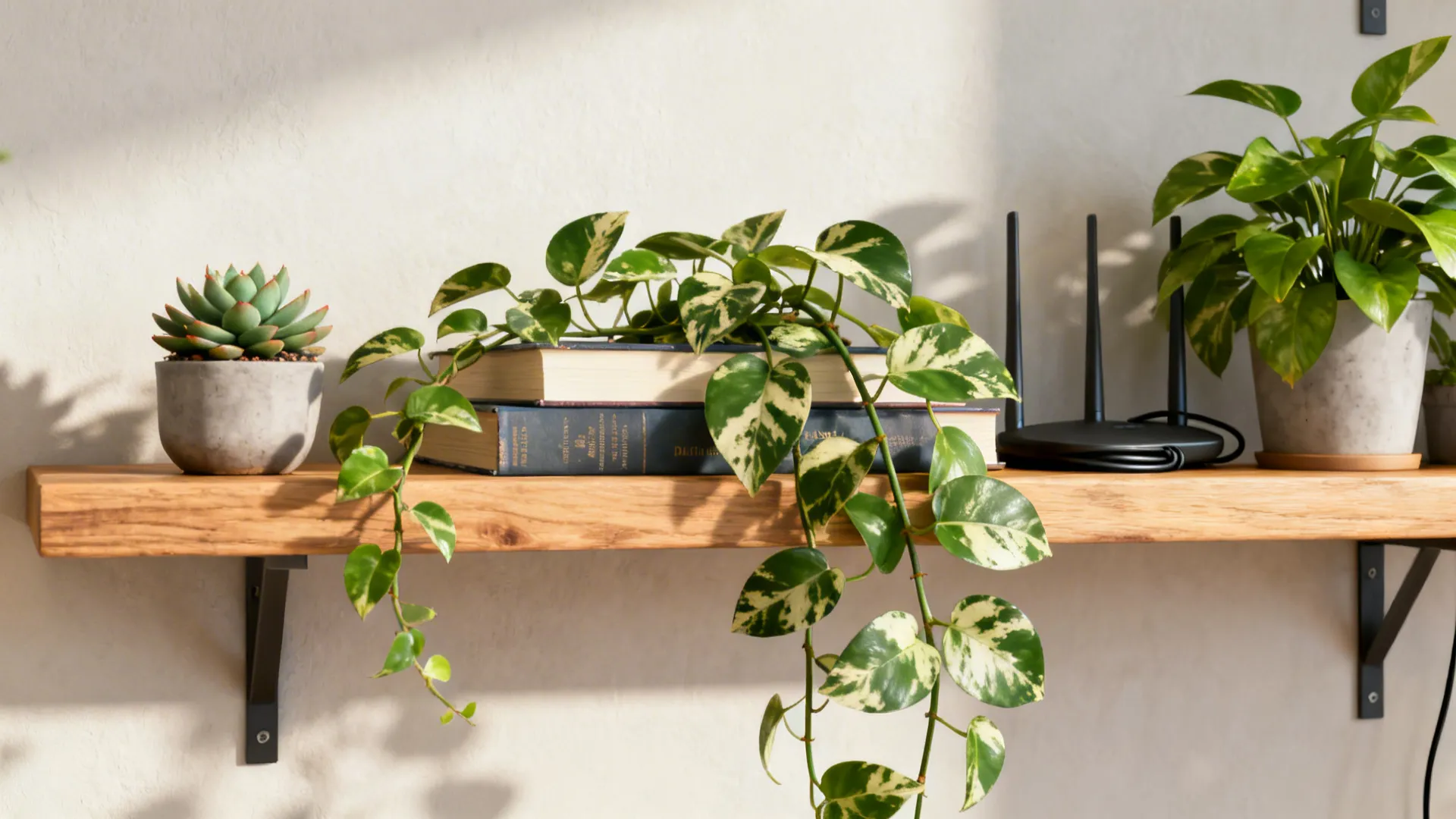 Floating shelves styled with small succulents and a trailing pothos softening the arrangement.