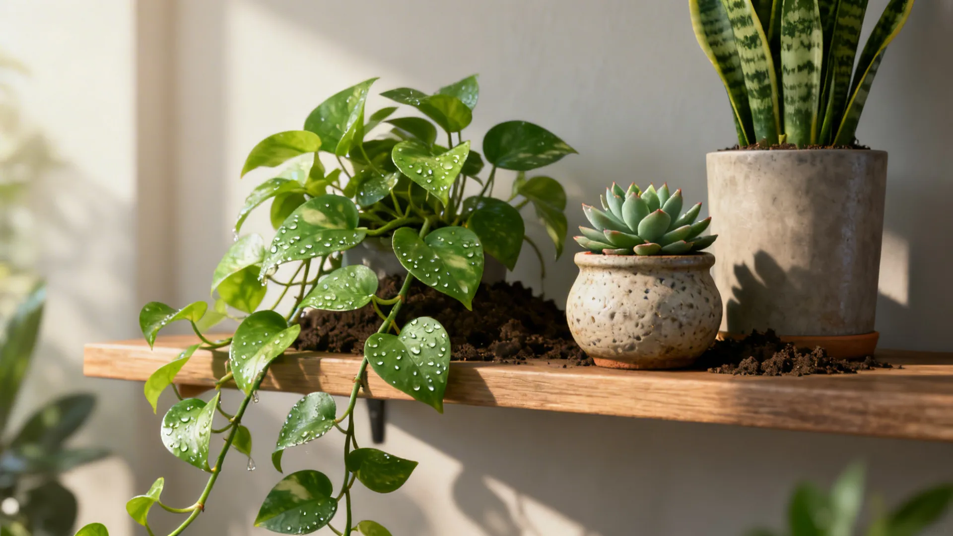 Small shelf plants including pothos, succulent, and snake plant adding greenery and texture.