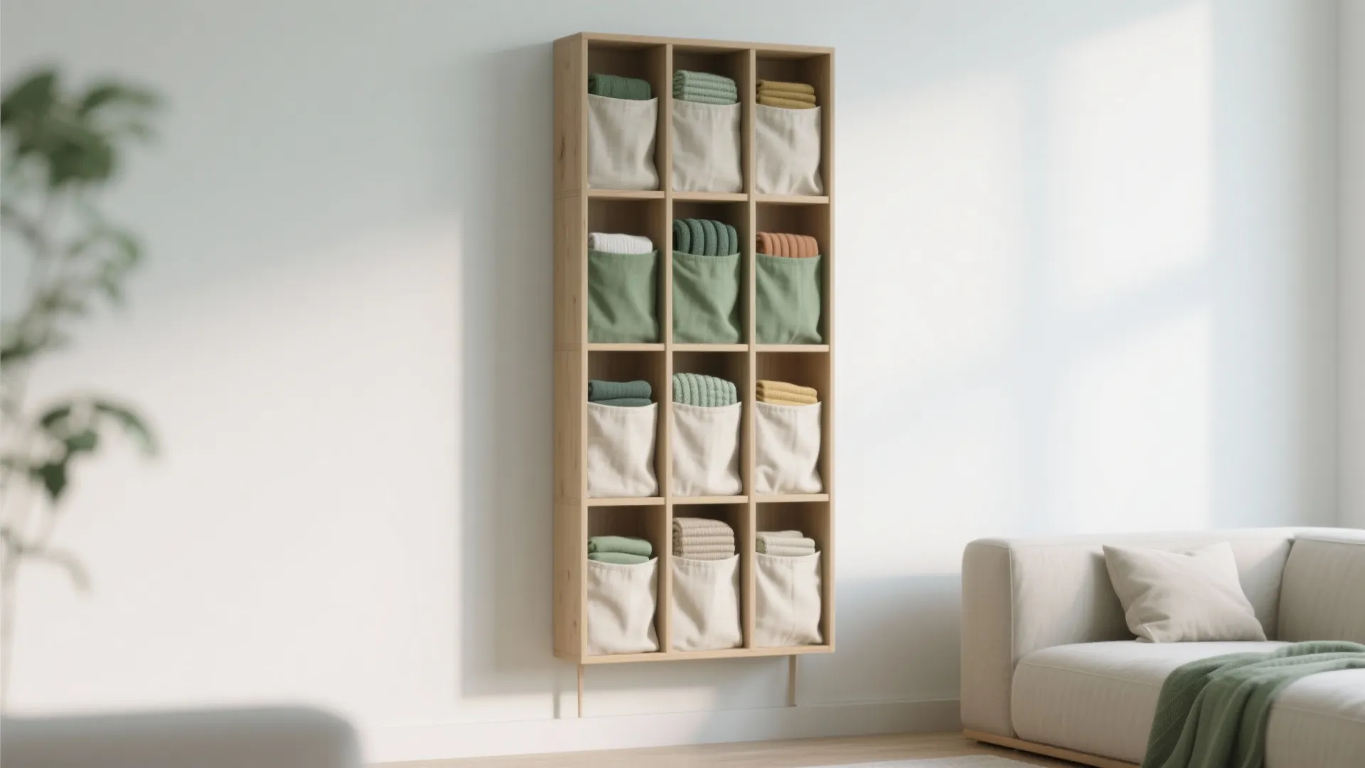 Wooden wall cabinet with many small fabric pockets holding folded colorful clothes in living room