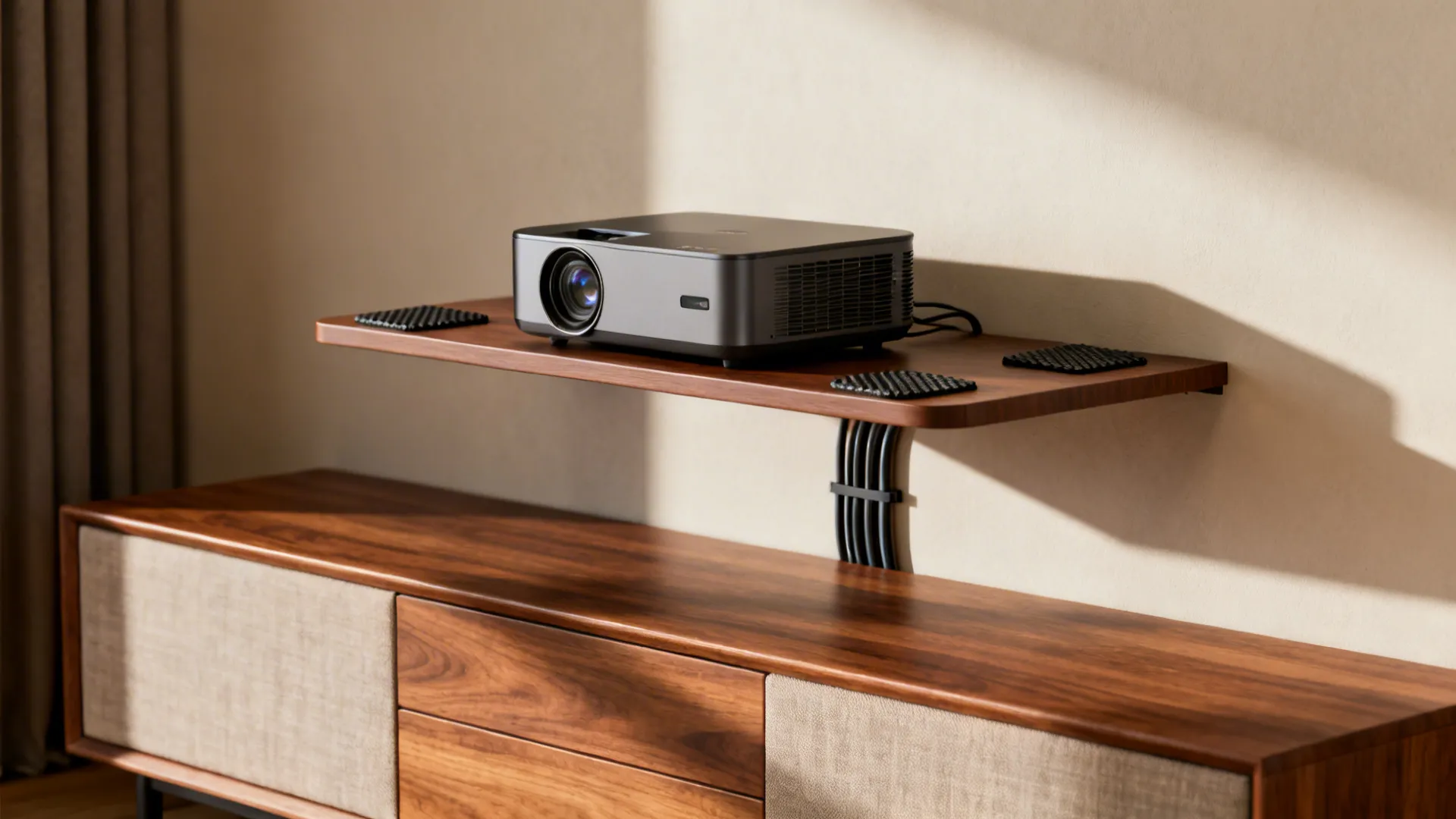Compact projector placed on a narrow floating shelf above a media console with tidy cables.
