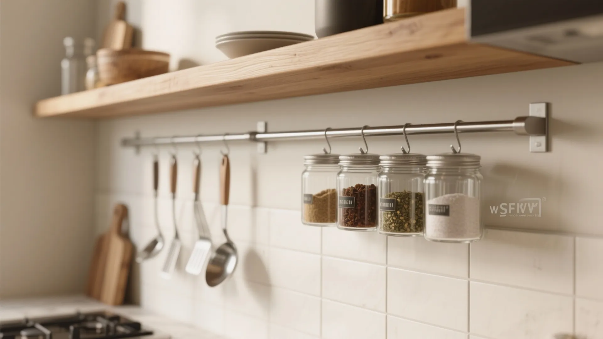 2. Shelf plus rail: display above a slim backsplash