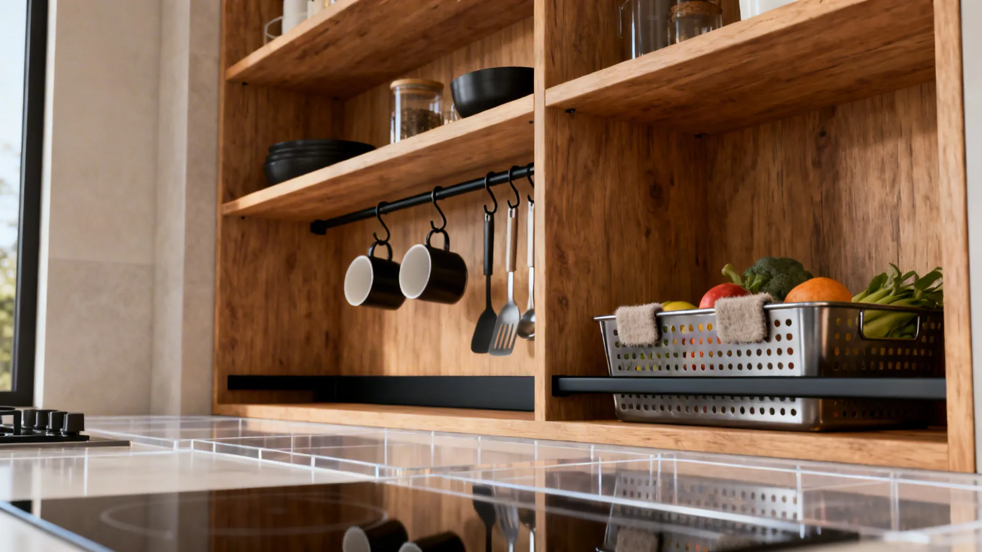 Open shelves with a slim rail and S-hooks for mugs plus a perforated basket keeping counters clear.