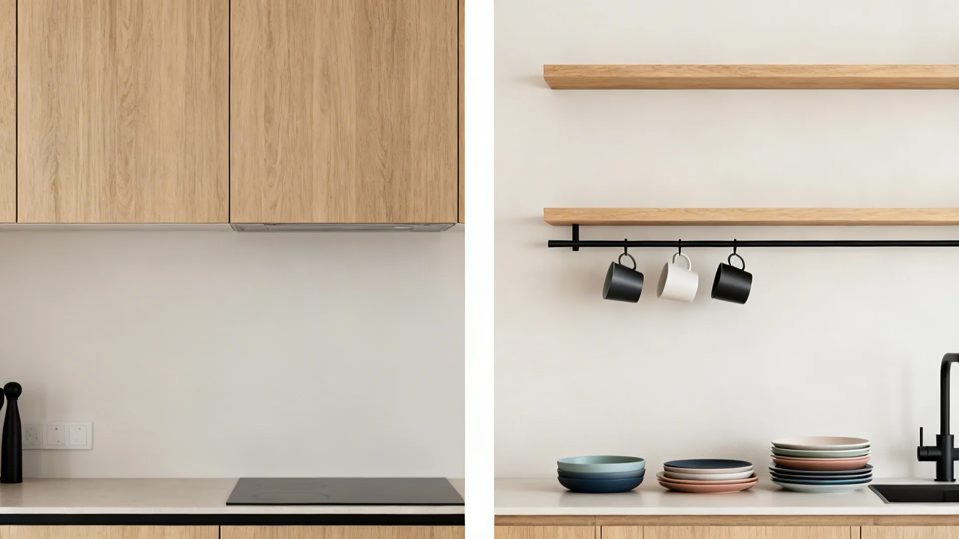 Before-and-after showing a blank wall transformed with floating shelves and a rail for mugs.