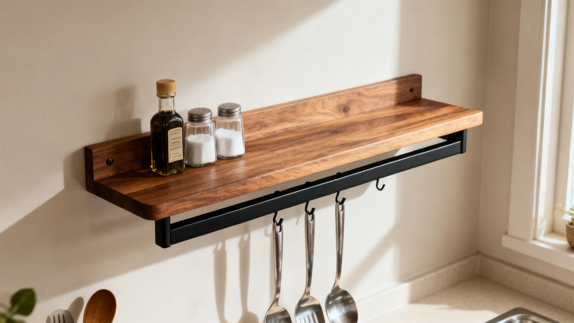 Shallow oak shelf with integrated rail holding bottles above and utensils below.