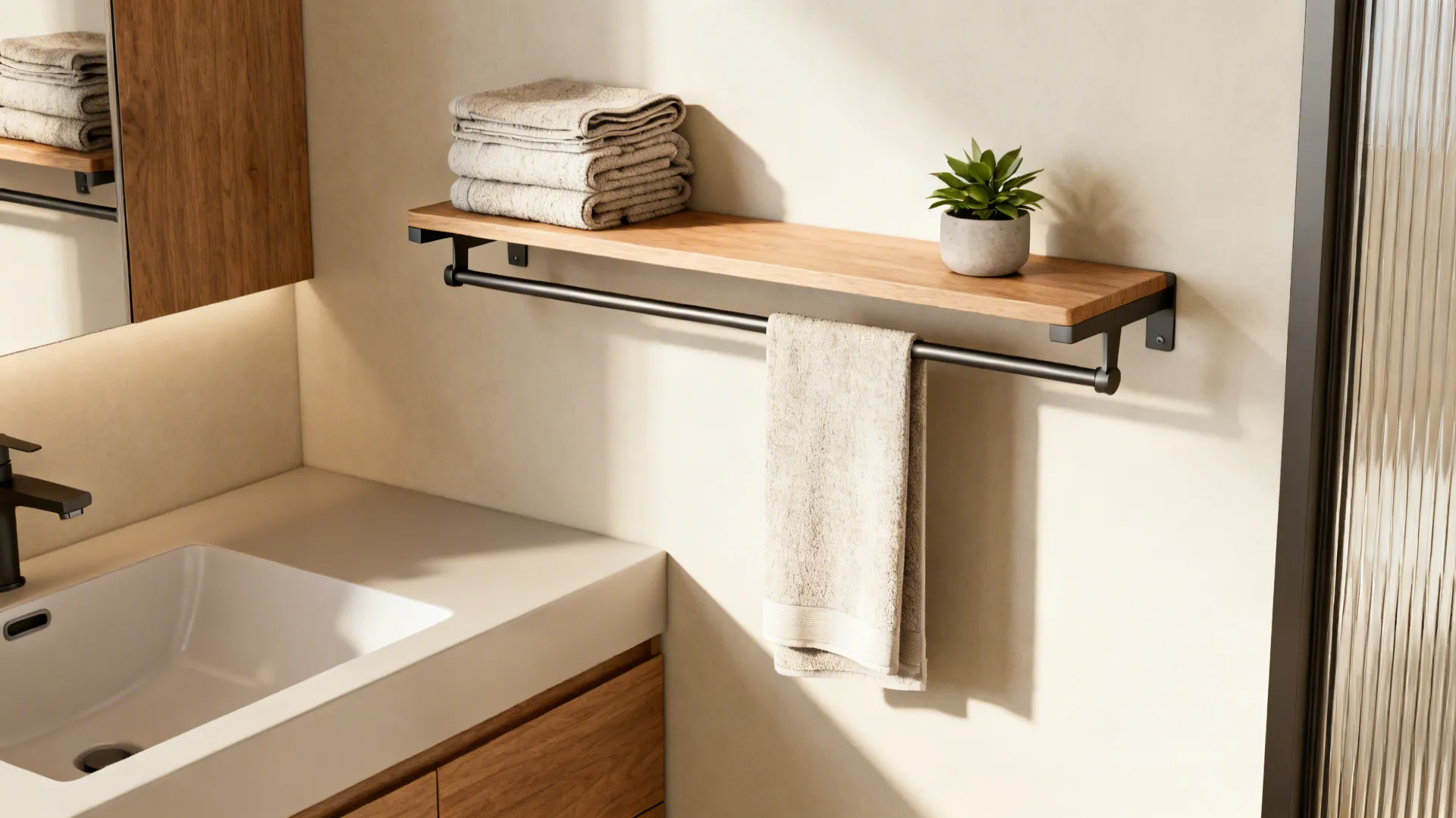 Shallow folded shelf with integrated rail holding stacked towels and a hanging towel.