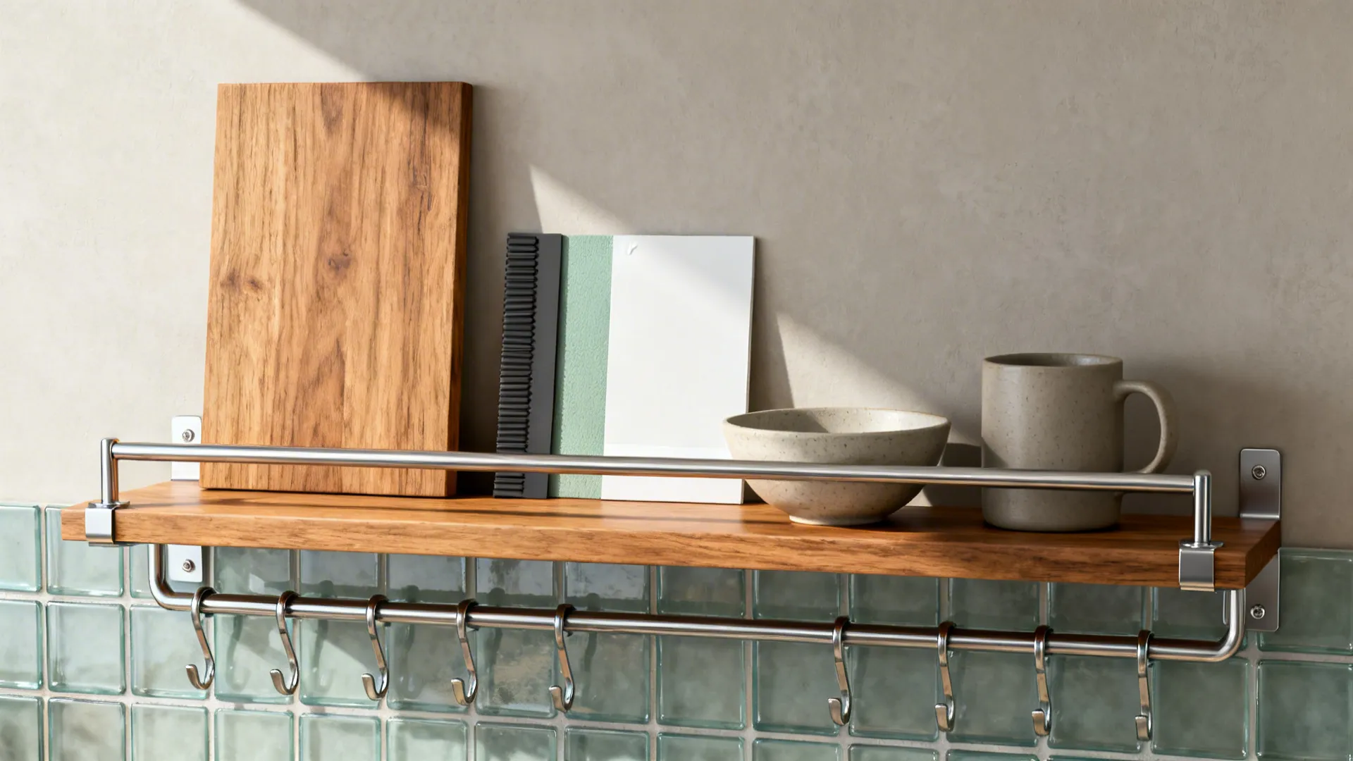 Flat lay of oak, brushed steel rail and hooks, semi-gloss paint, glass tile, rubber mat, and matte crockery.