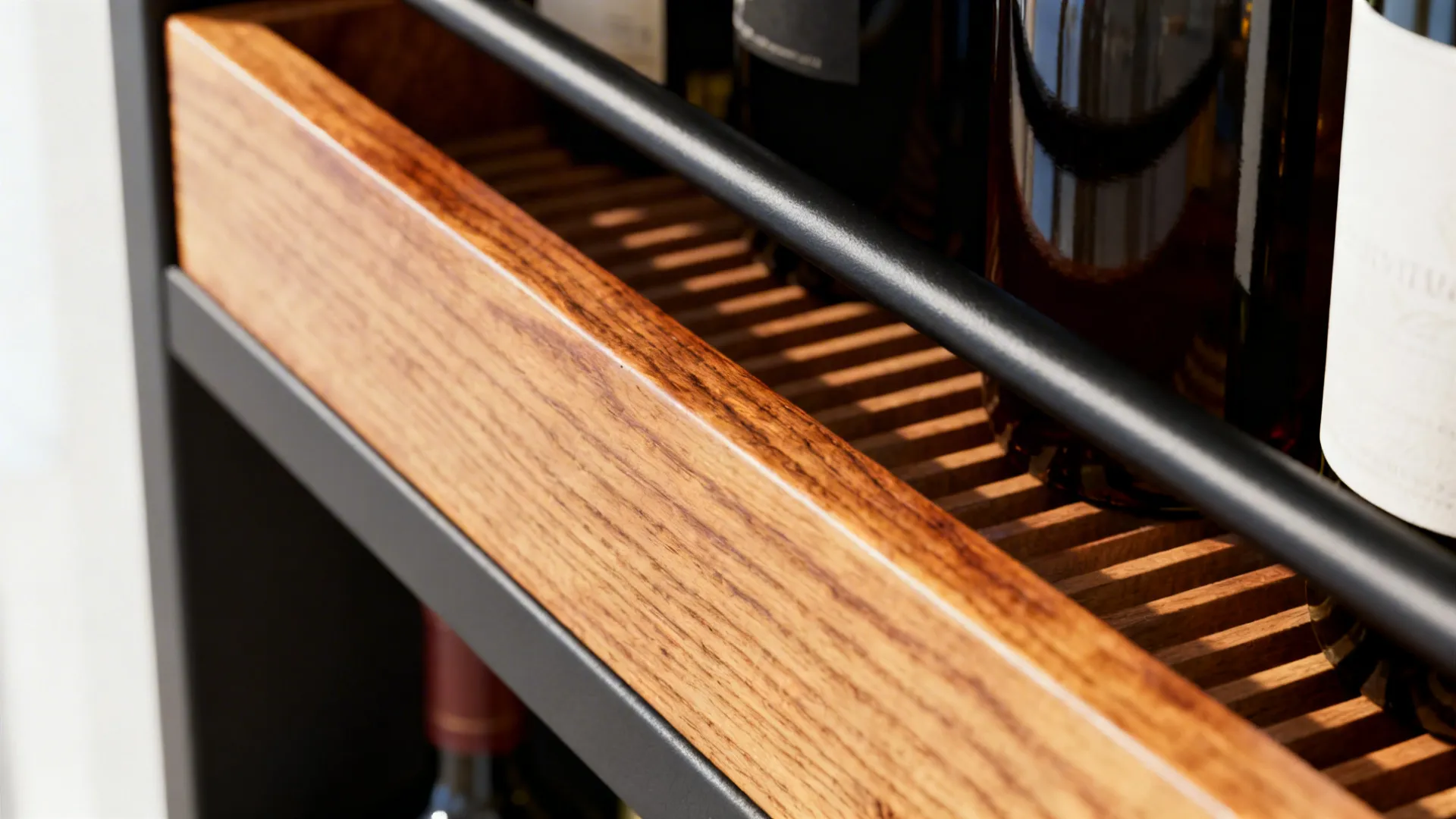 Macro of a wooden floating shelf with a thin black safety rail and ribbed liner detail.