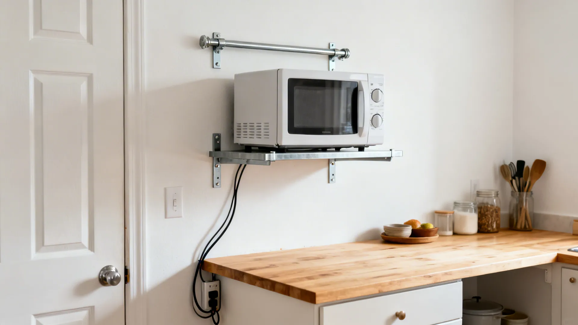 Compact convection microwave on a steel shelf rail system above the counter.