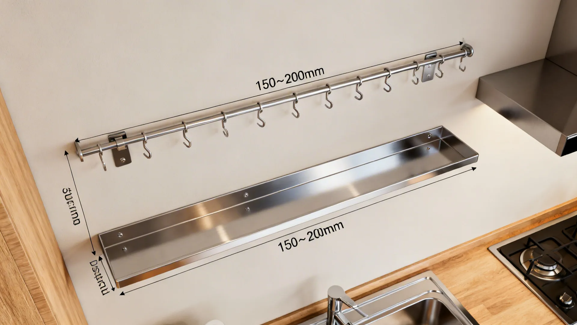 Top-down visual of shallow stainless shelves and rail layout with clearances.