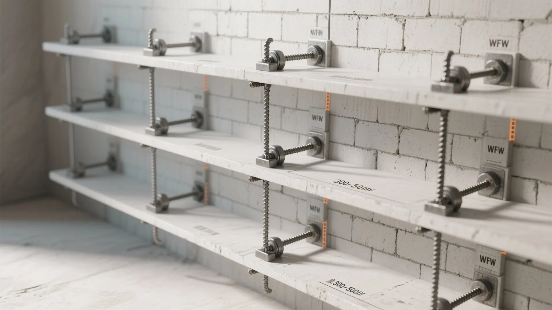 Close up of metal wall shelf supports installed on a white brick wall for storage
