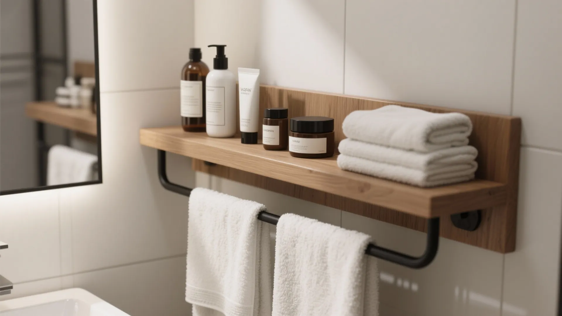 Wooden shelf with black towel rod holding white towels and skincare bottles on white wall