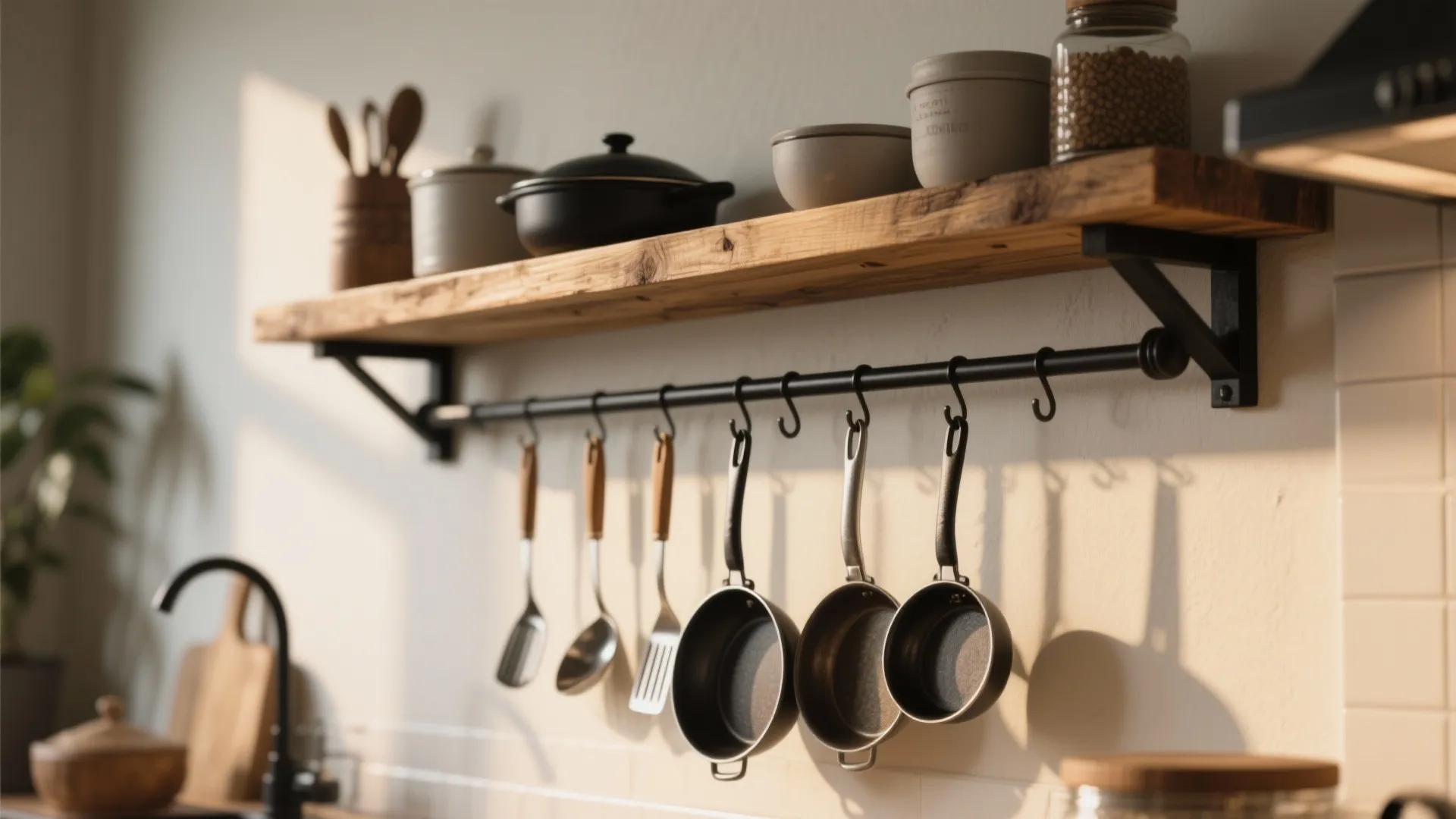 Wooden kitchen shelf with pots on top and black metal rod hanging pans and spoons