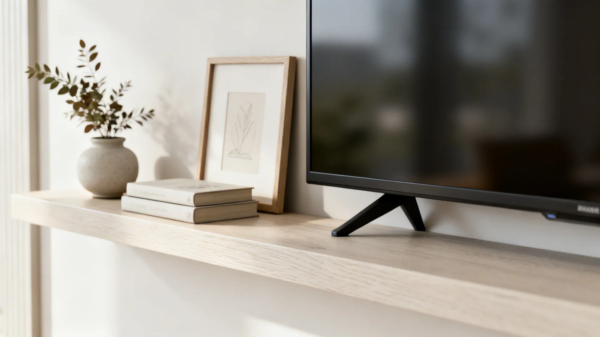 Close up of wooden floating shelf with small plant vase books picture frame and television