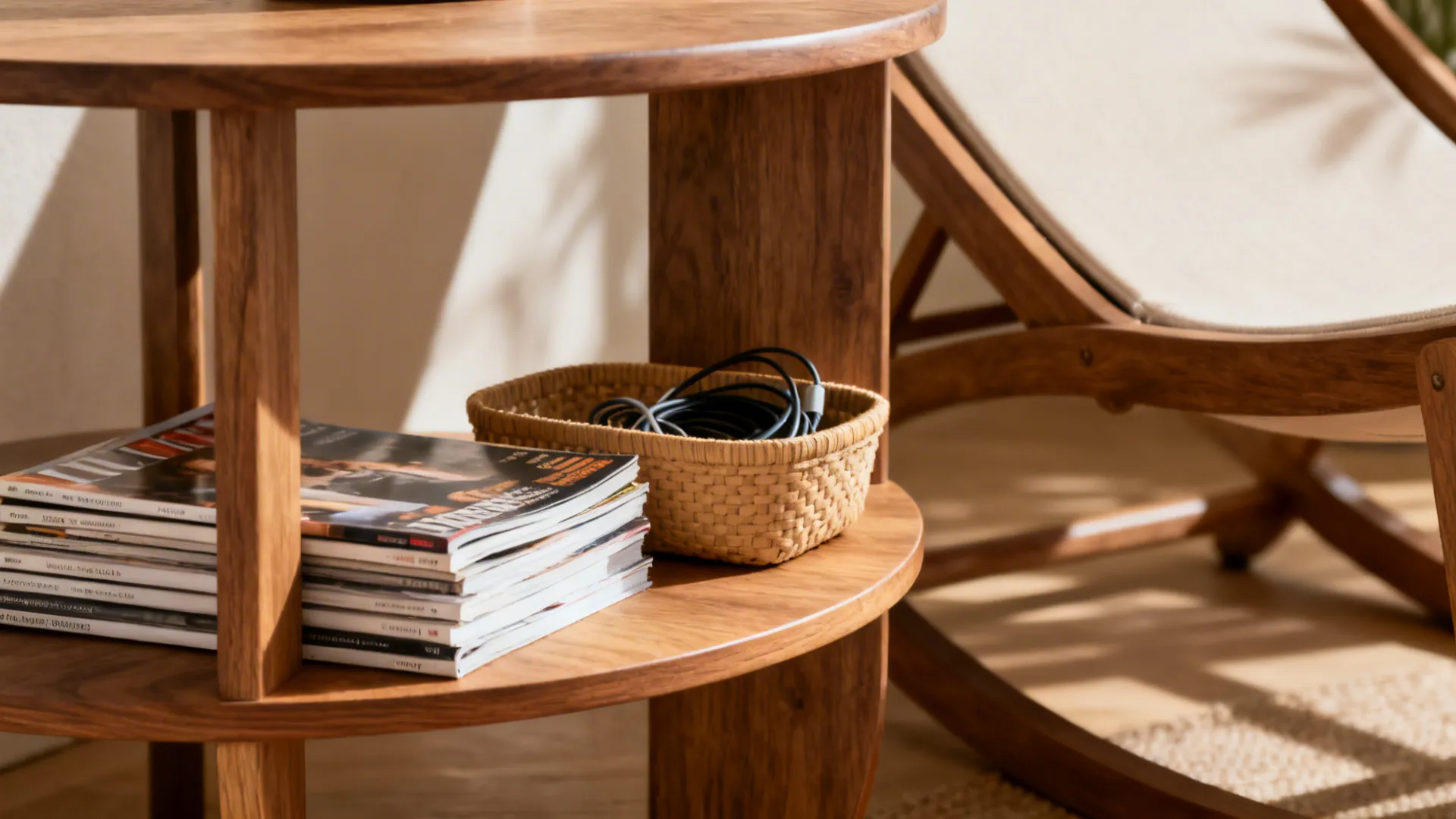 Round end table with built-in lower shelf and a removable basket holding magazines and cables.