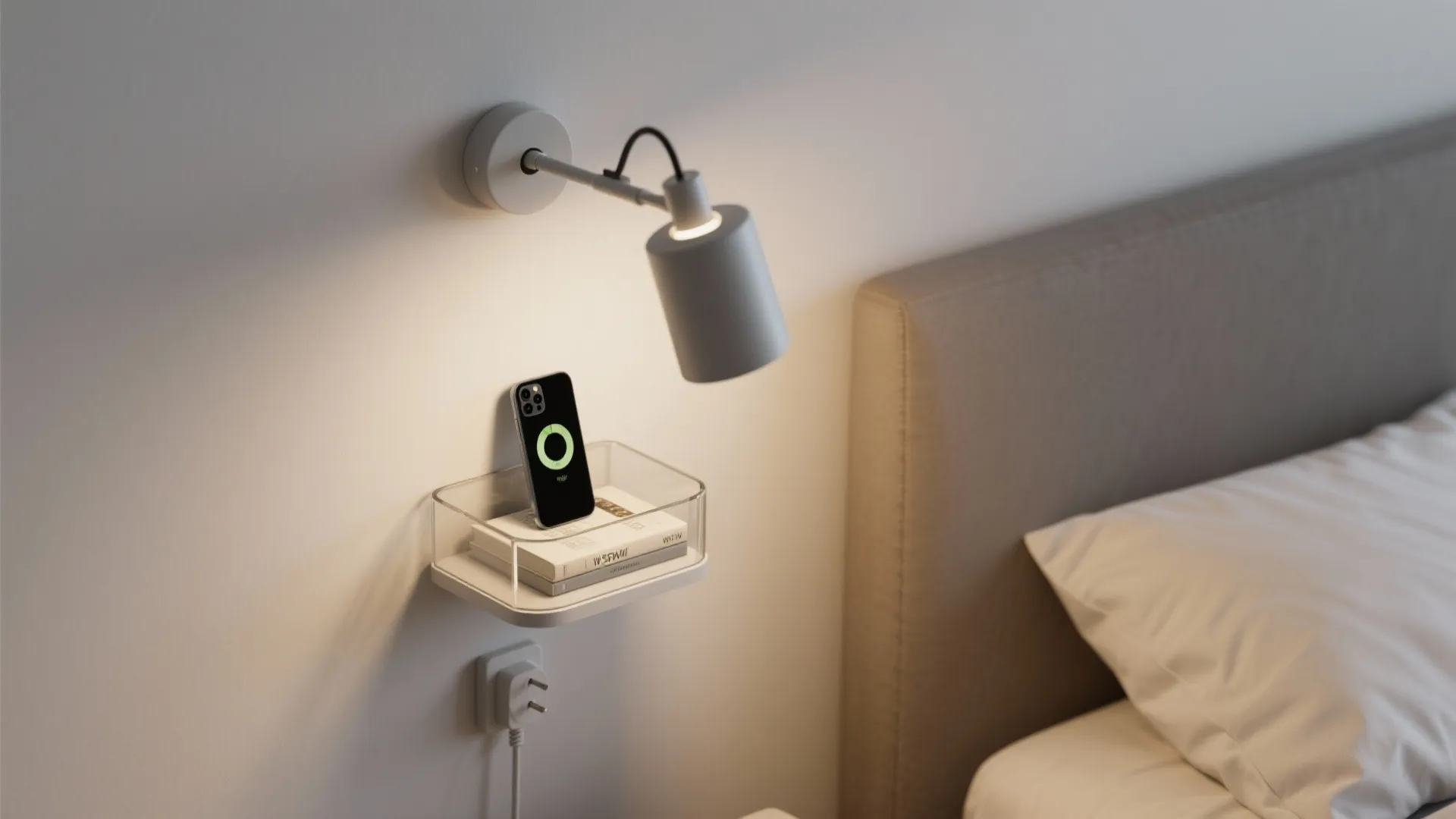Plug-in swing-arm sconce with an integrated shelf holding a book and phone.