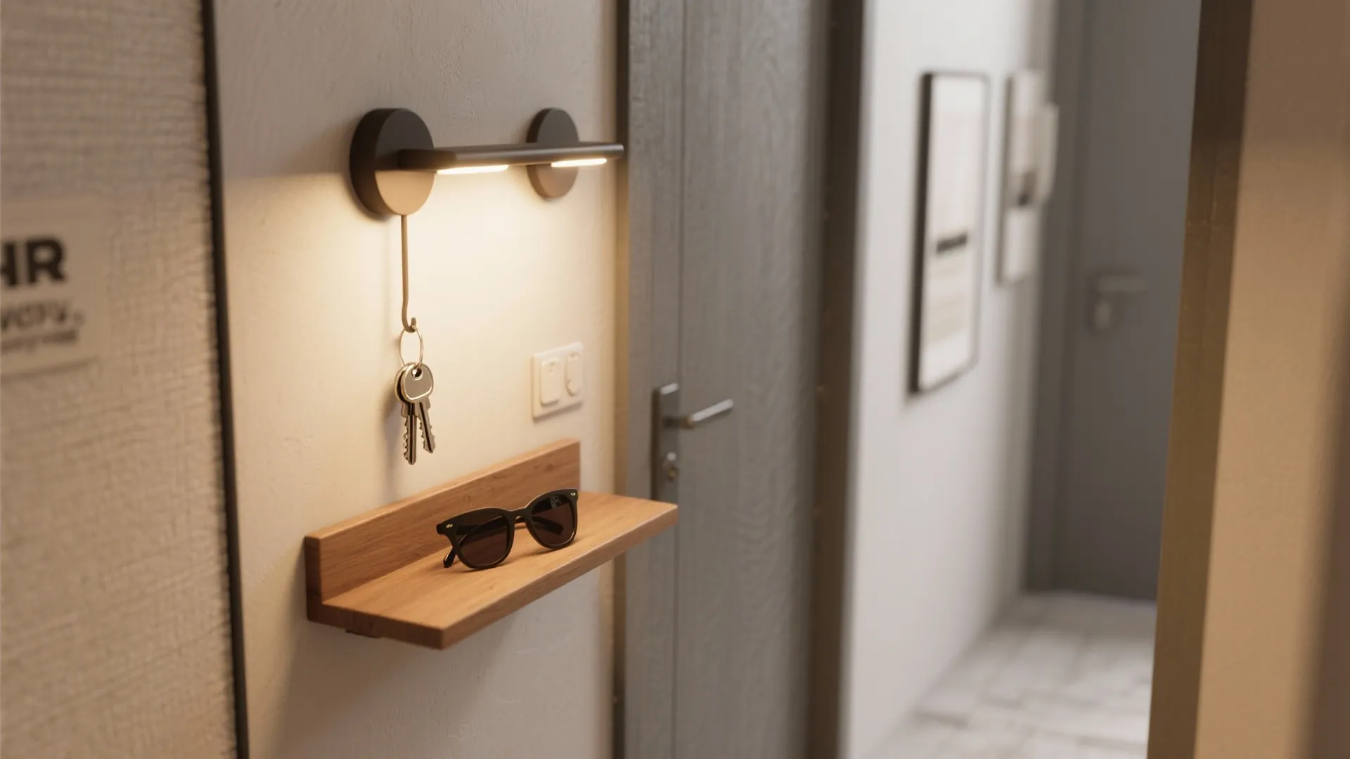 Narrow hallway with a wall-mounted shelf combined with a warm sconce holding keys and sunglasses