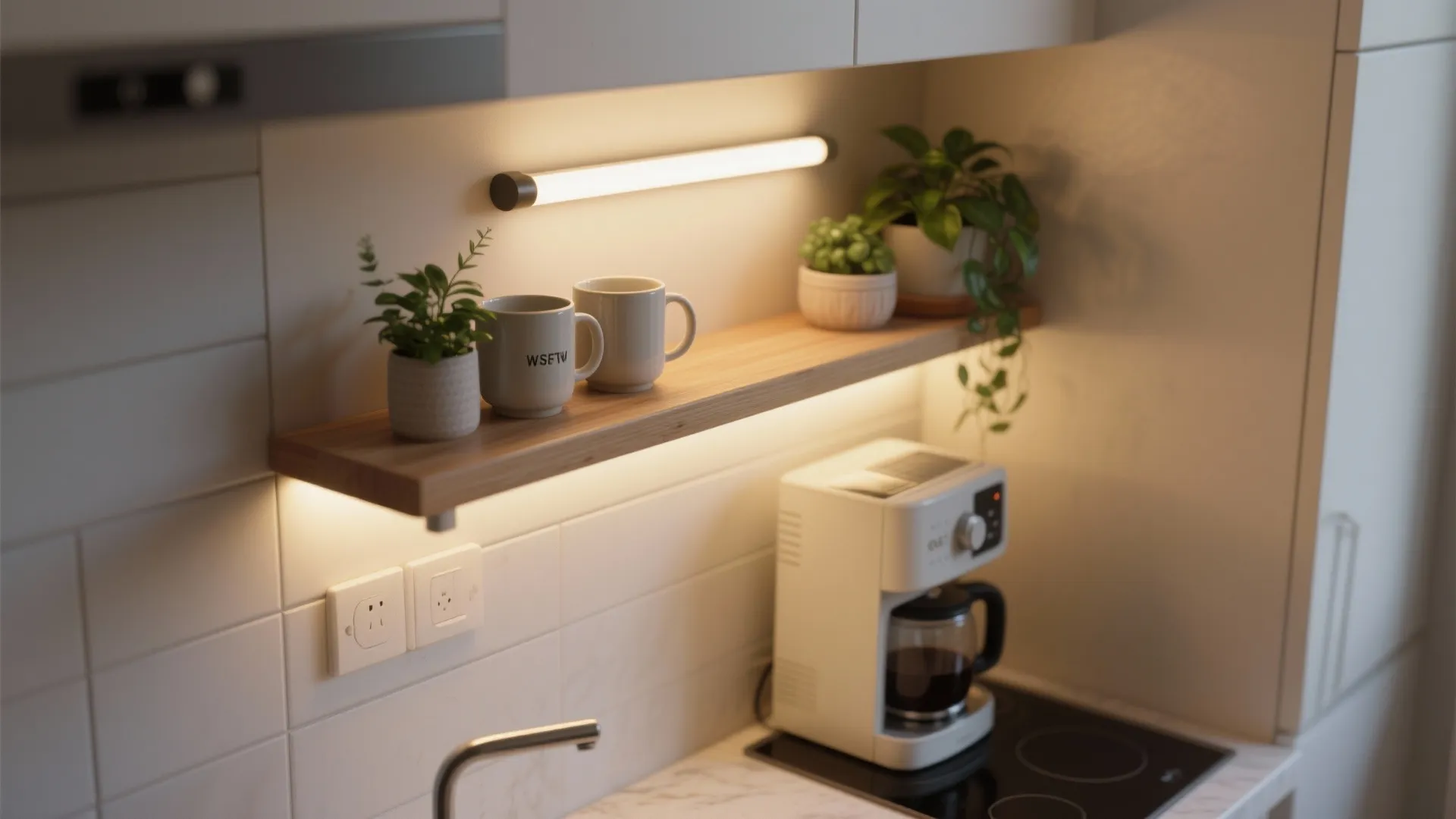 Micro-kitchen coffee station with floating shelf and integrated slim LED sconce illuminating the counter.