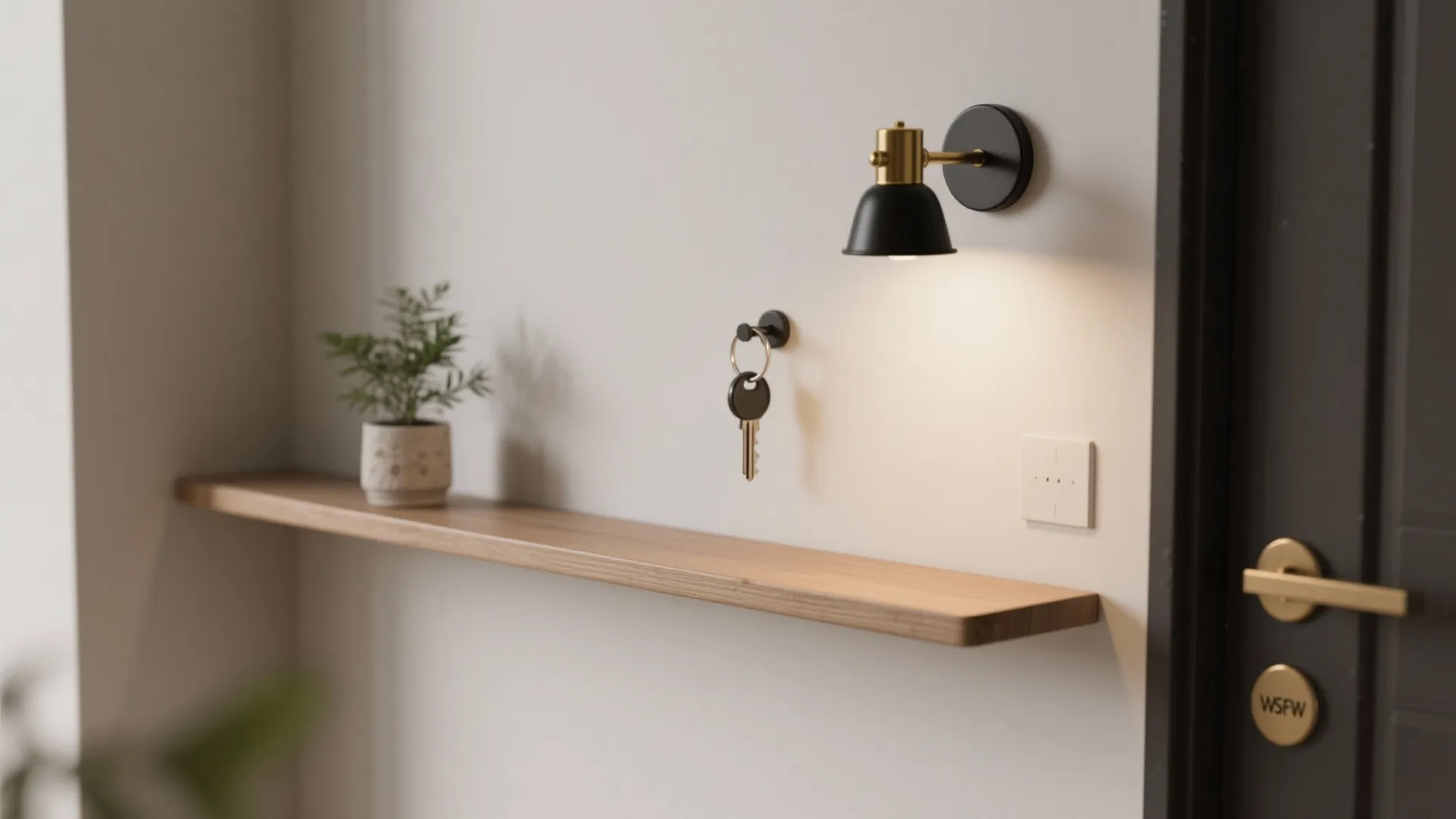 Black wall light shining over wooden shelf with small plant and keys in entryway hallway