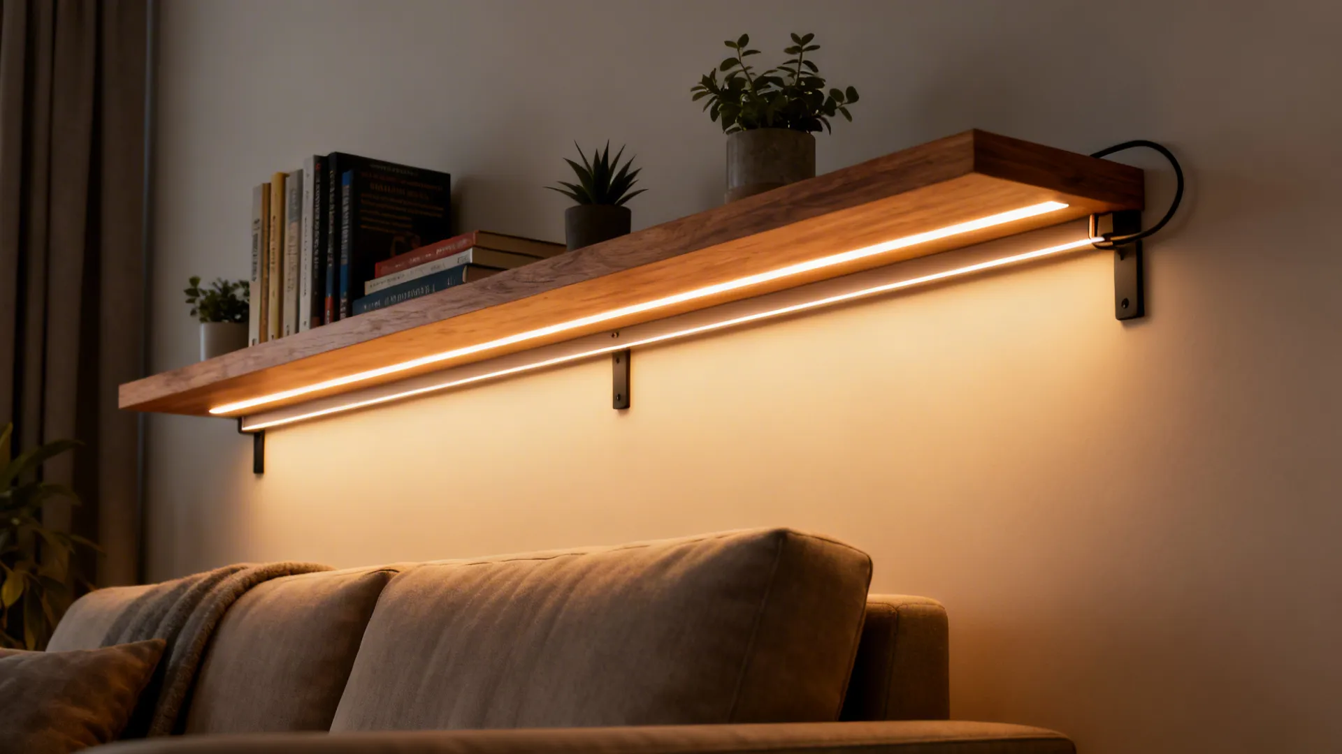 Slim floating shelf with integrated LED strip casting warm light over books and decor above a sofa.