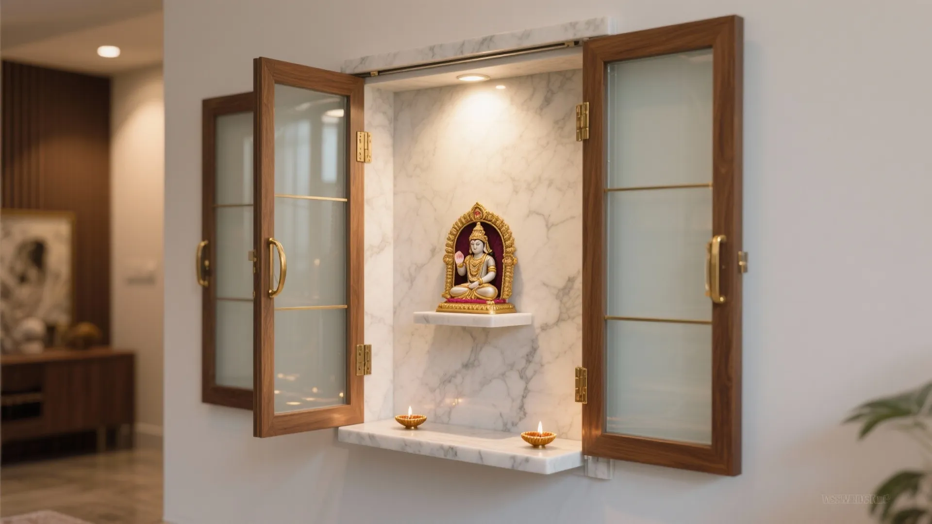 Marble wall niche with wooden doors and statue inside a modern living room interior design