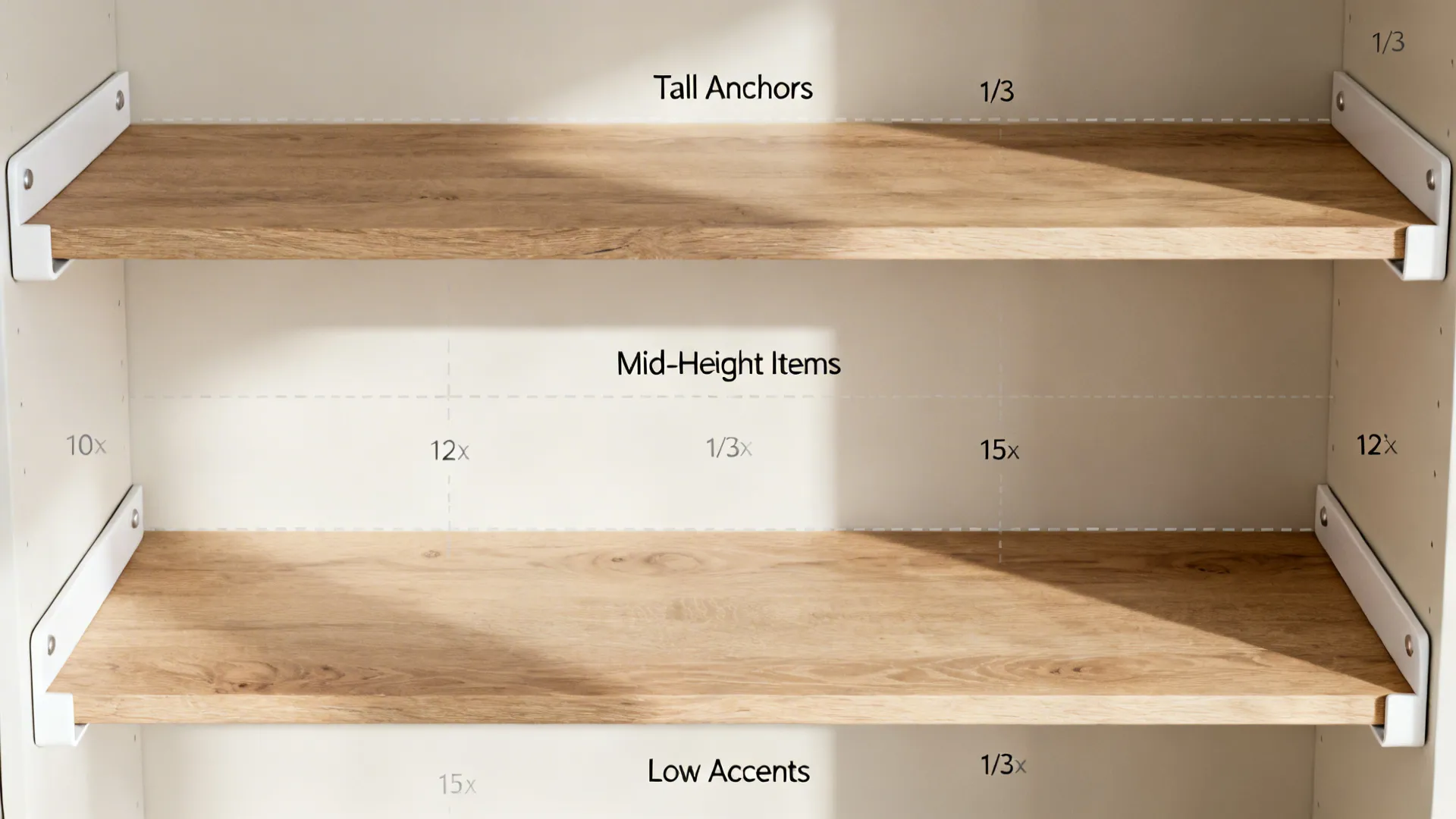 Top-down planning guide showing zones and spacing for open kitchen shelves.